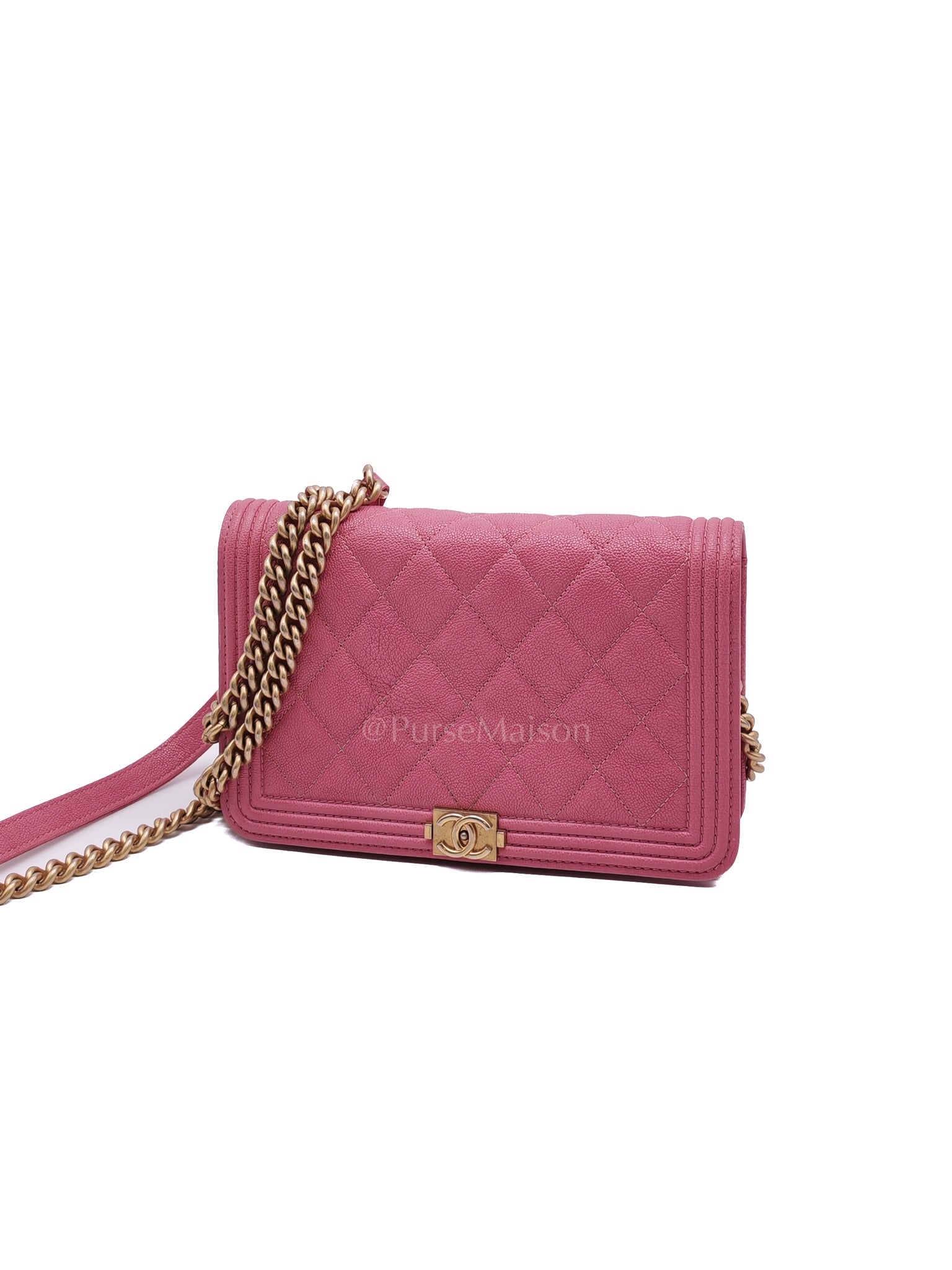 Boy Wallet On Chain (WOC) in Pink Calfskin Leather and Aged Gold Hardware Series 26 | Purse Maison Luxury Bags Shop
