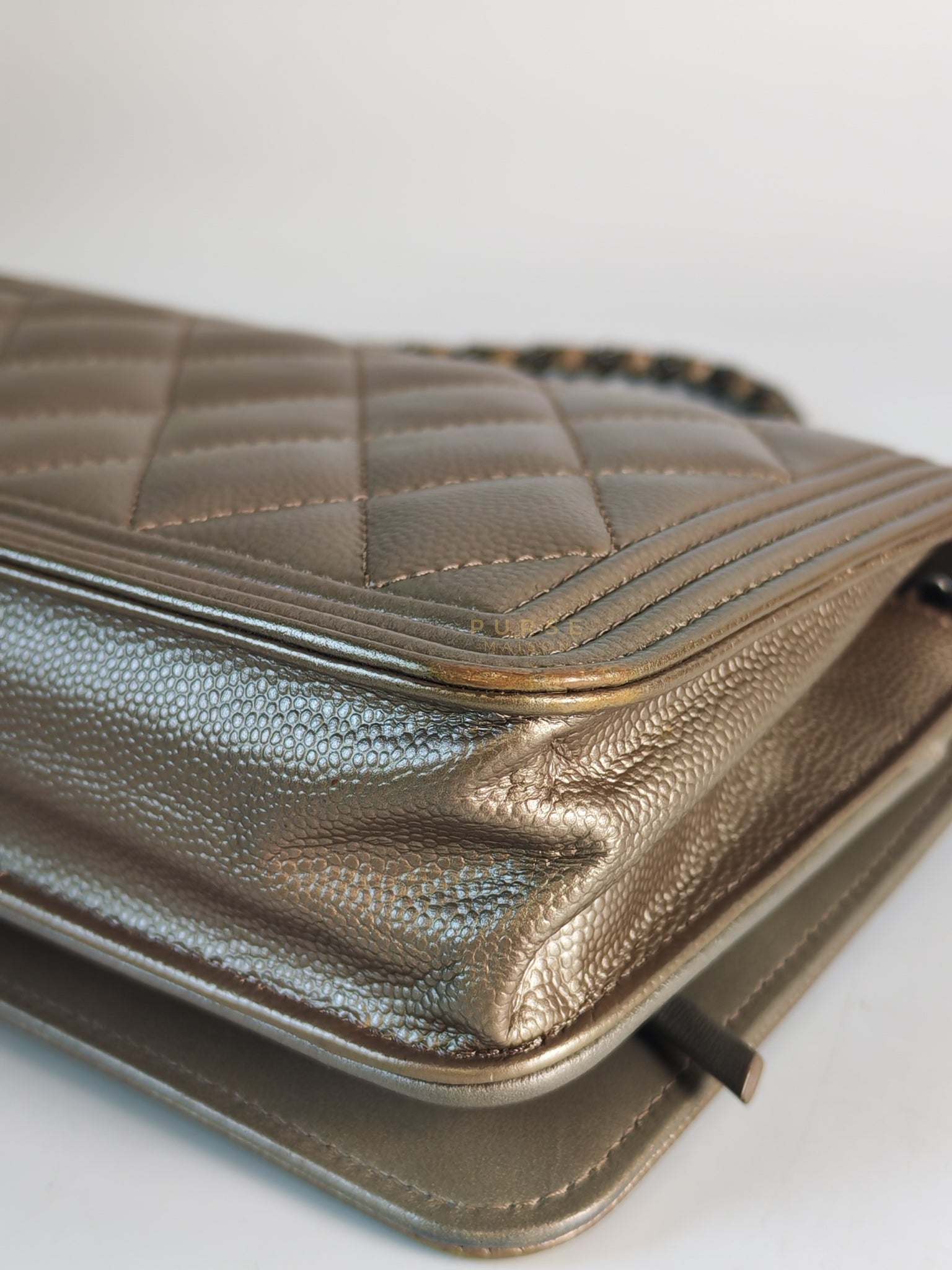 Boy Wallet On Chain (WOC) Metallic Brown in Caviar Leather and Ruthenium Hardware Series 24 | Purse Maison Luxury Bags Shop