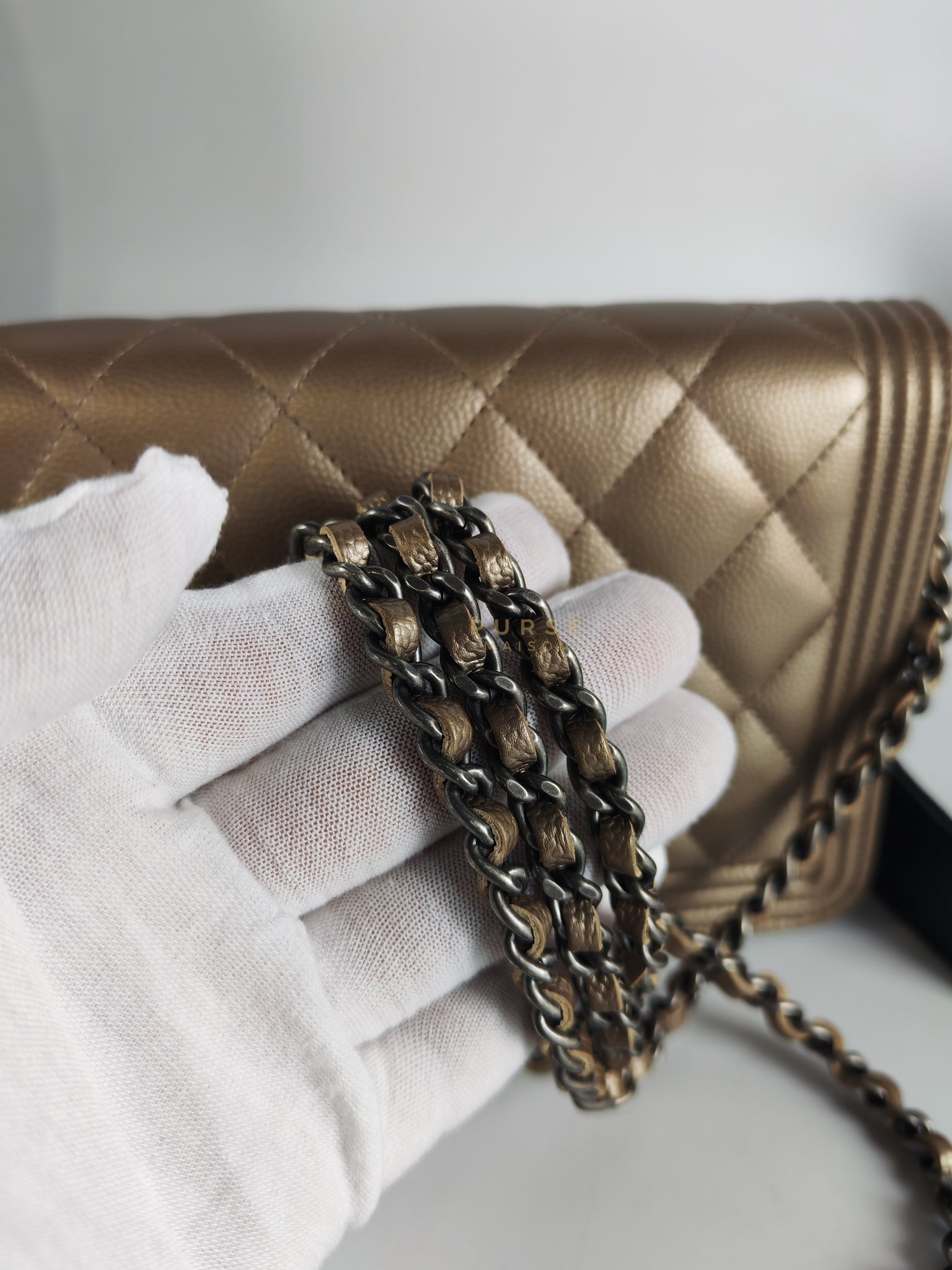 Boy Wallet On Chain (WOC) Metallic Brown in Caviar Leather and Ruthenium Hardware Series 24 | Purse Maison Luxury Bags Shop