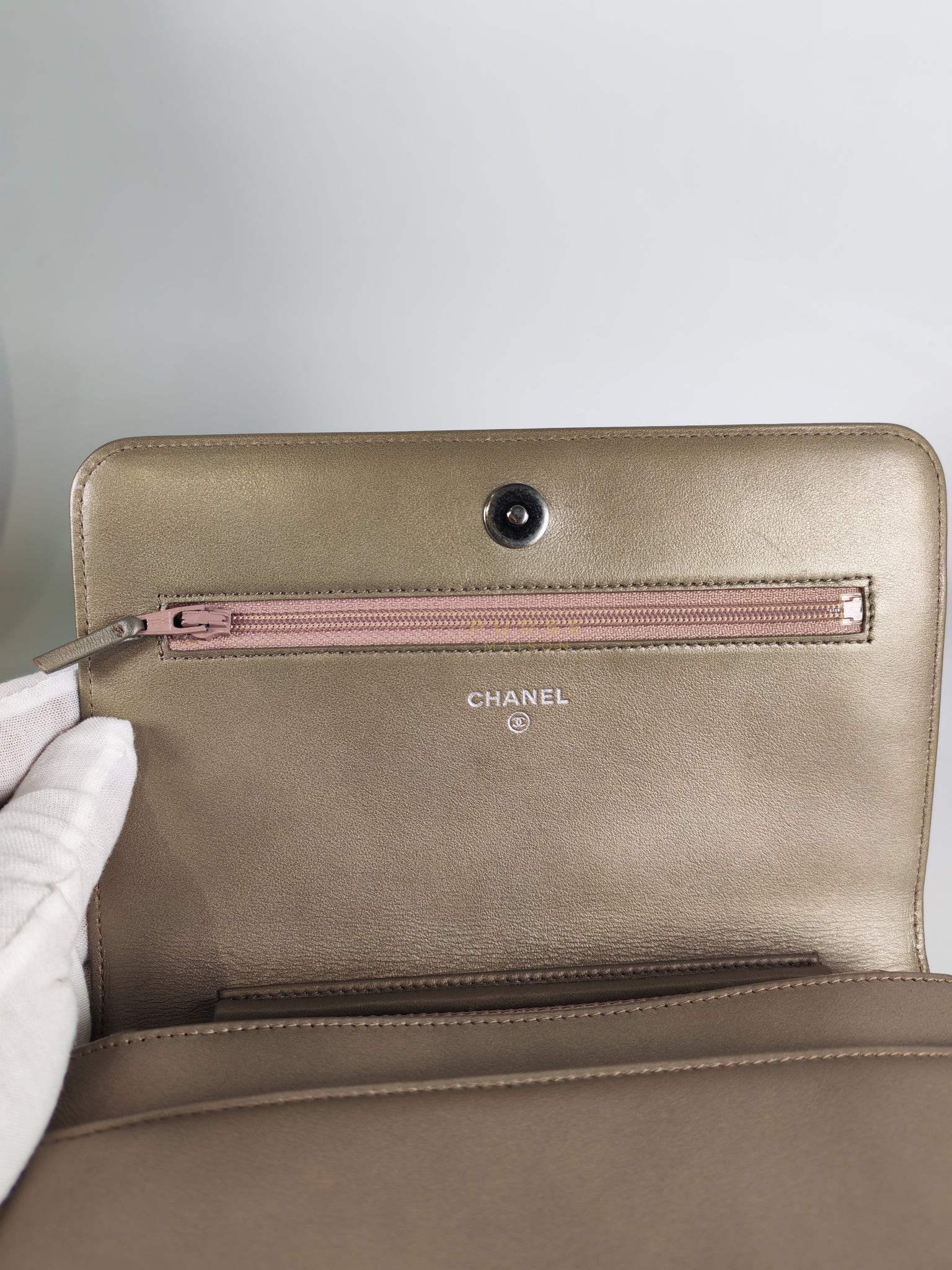 Boy Wallet On Chain (WOC) Metallic Brown in Caviar Leather and Ruthenium Hardware Series 24 | Purse Maison Luxury Bags Shop