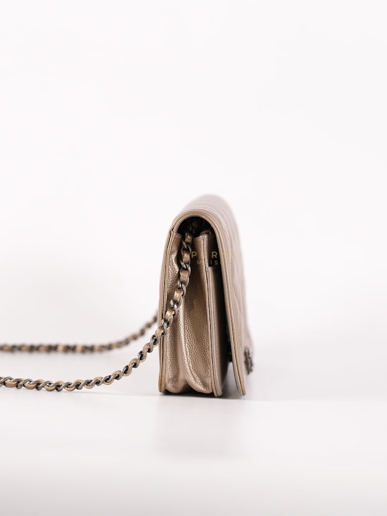 Boy Wallet On Chain (WOC) Metallic Brown in Caviar Leather and Ruthenium Hardware Series 24 | Purse Maison Luxury Bags Shop