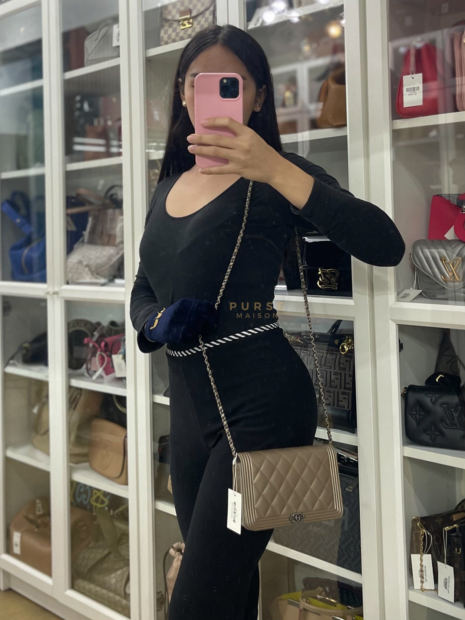 Boy Wallet On Chain (WOC) Metallic Brown in Caviar Leather and Ruthenium Hardware Series 24 | Purse Maison Luxury Bags Shop