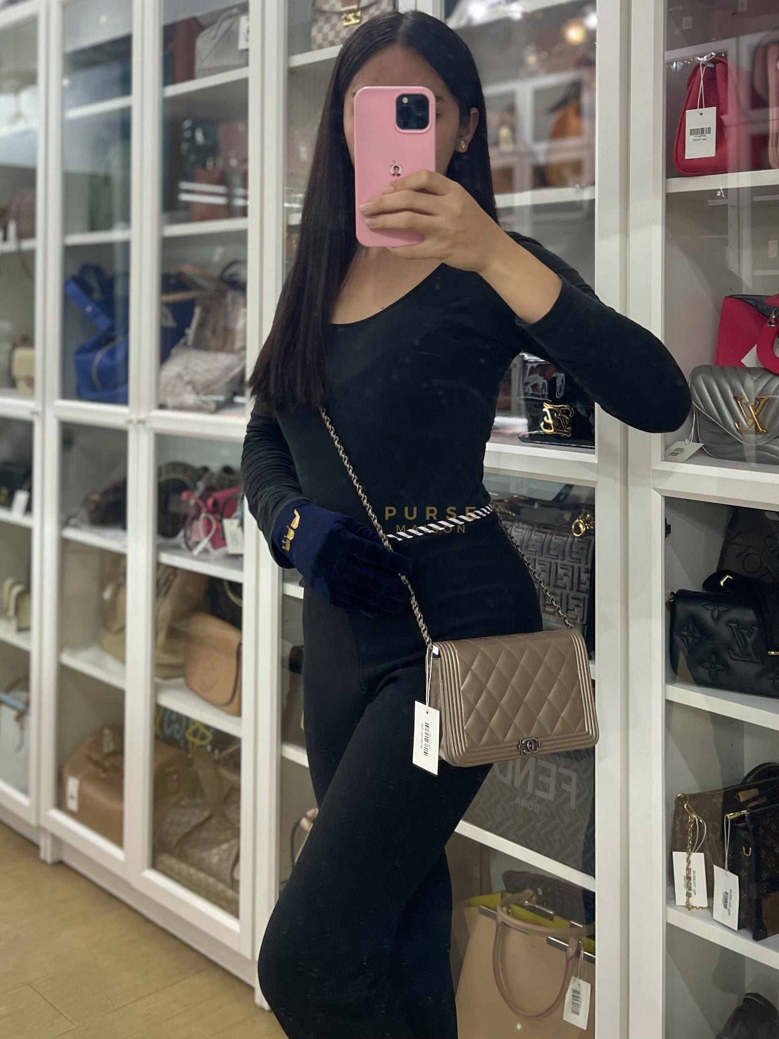 Boy Wallet On Chain (WOC) Metallic Brown in Caviar Leather and Ruthenium Hardware Series 24 | Purse Maison Luxury Bags Shop