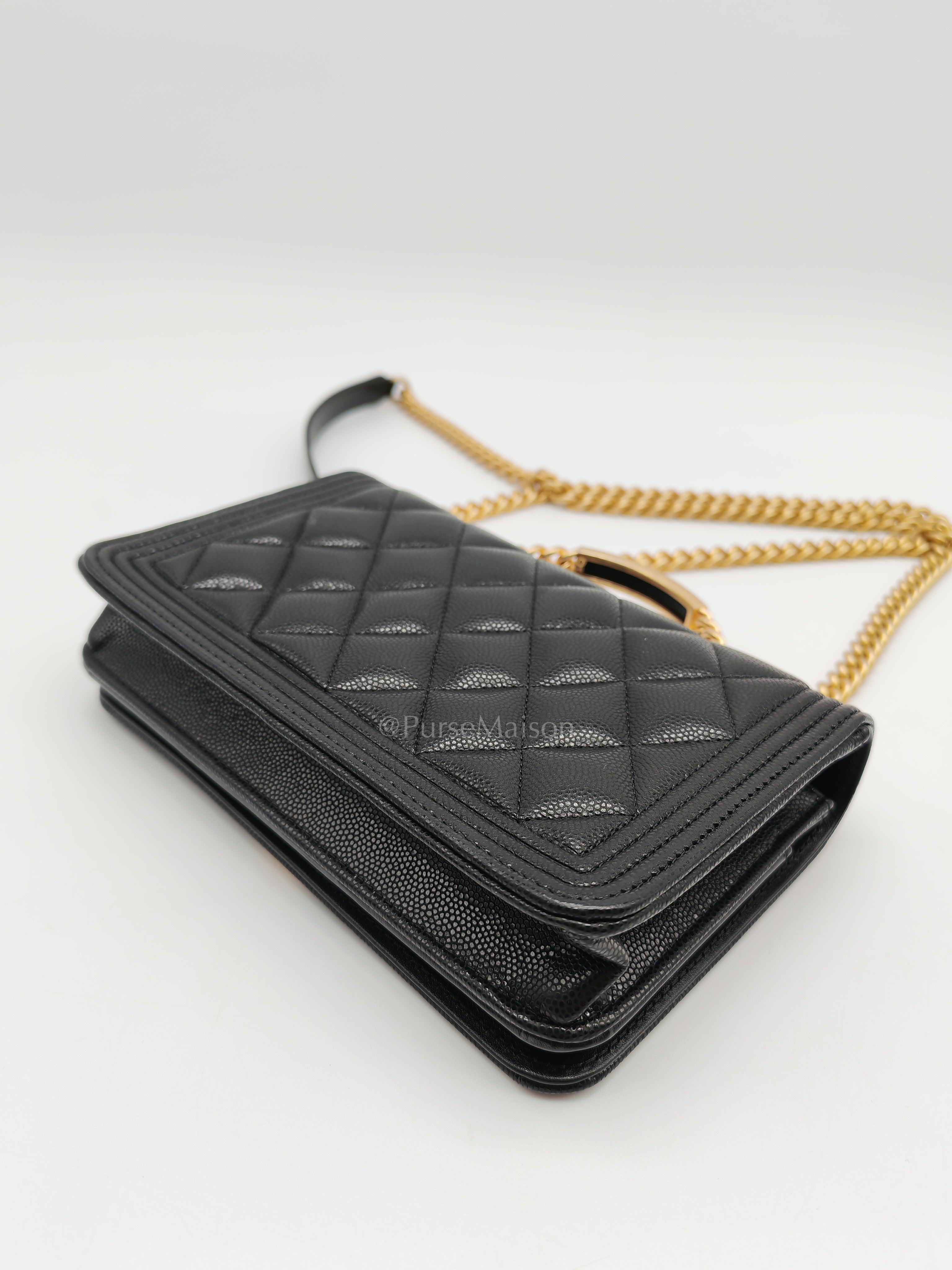Boy Wallet On Chain (WOC) with Top Handle in Black Caviar Leather and Aged Gold Hardware (Microchip) | Purse Maison Luxury Bags Shop