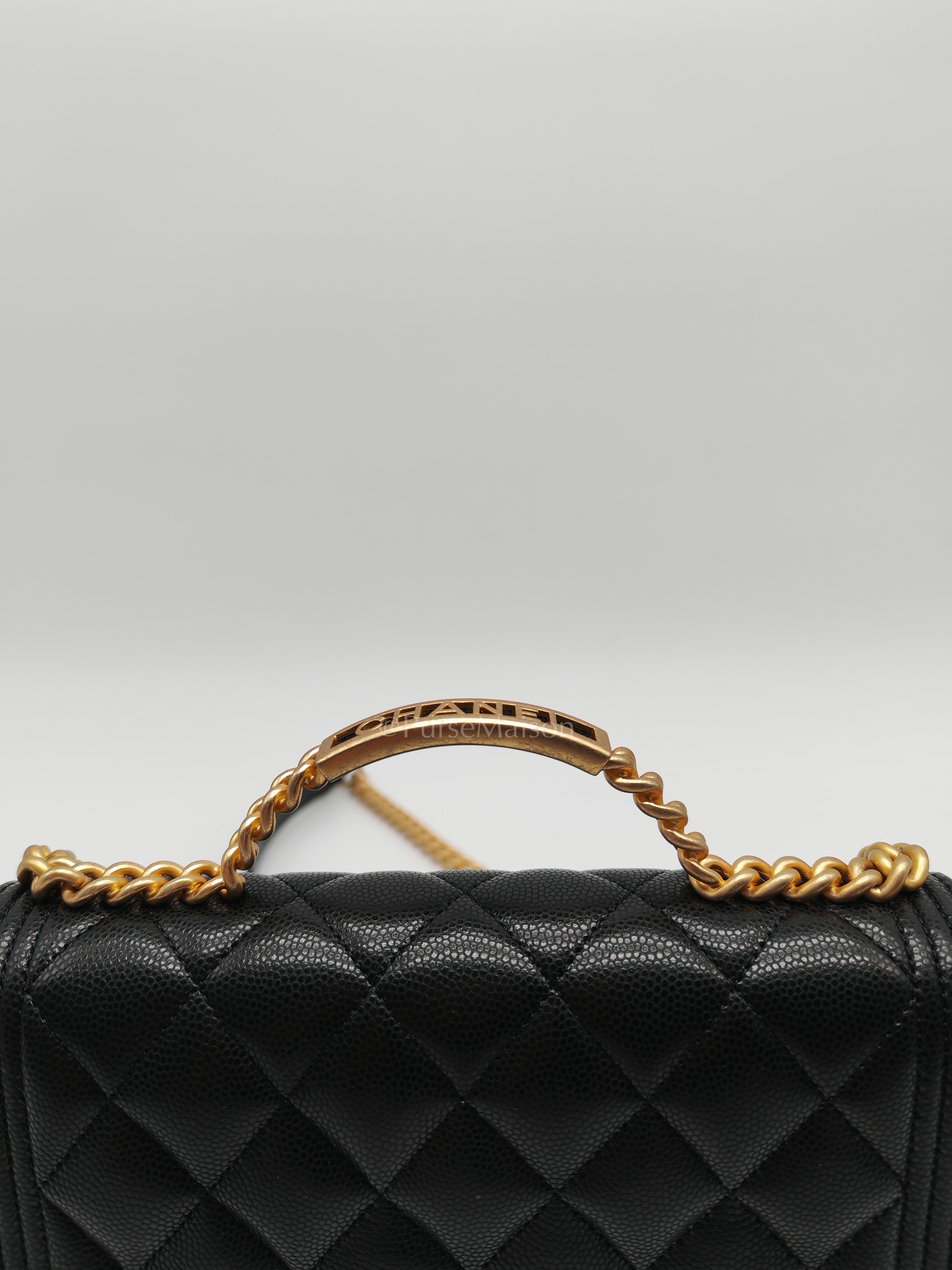 Boy Wallet On Chain (WOC) with Top Handle in Black Caviar Leather and Aged Gold Hardware (Microchip) | Purse Maison Luxury Bags Shop