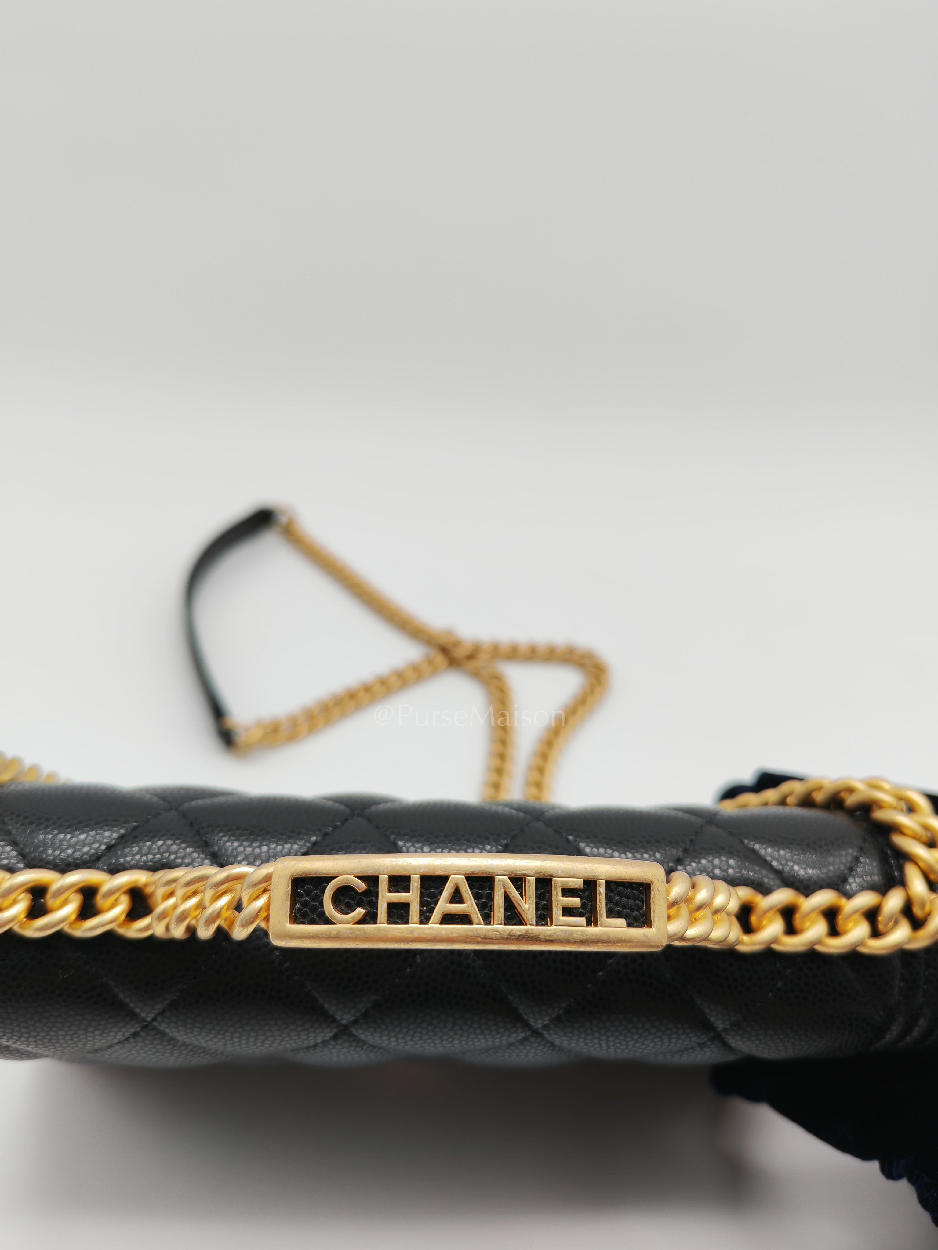 Boy Wallet On Chain (WOC) with Top Handle in Black Caviar Leather and Aged Gold Hardware (Microchip) | Purse Maison Luxury Bags Shop