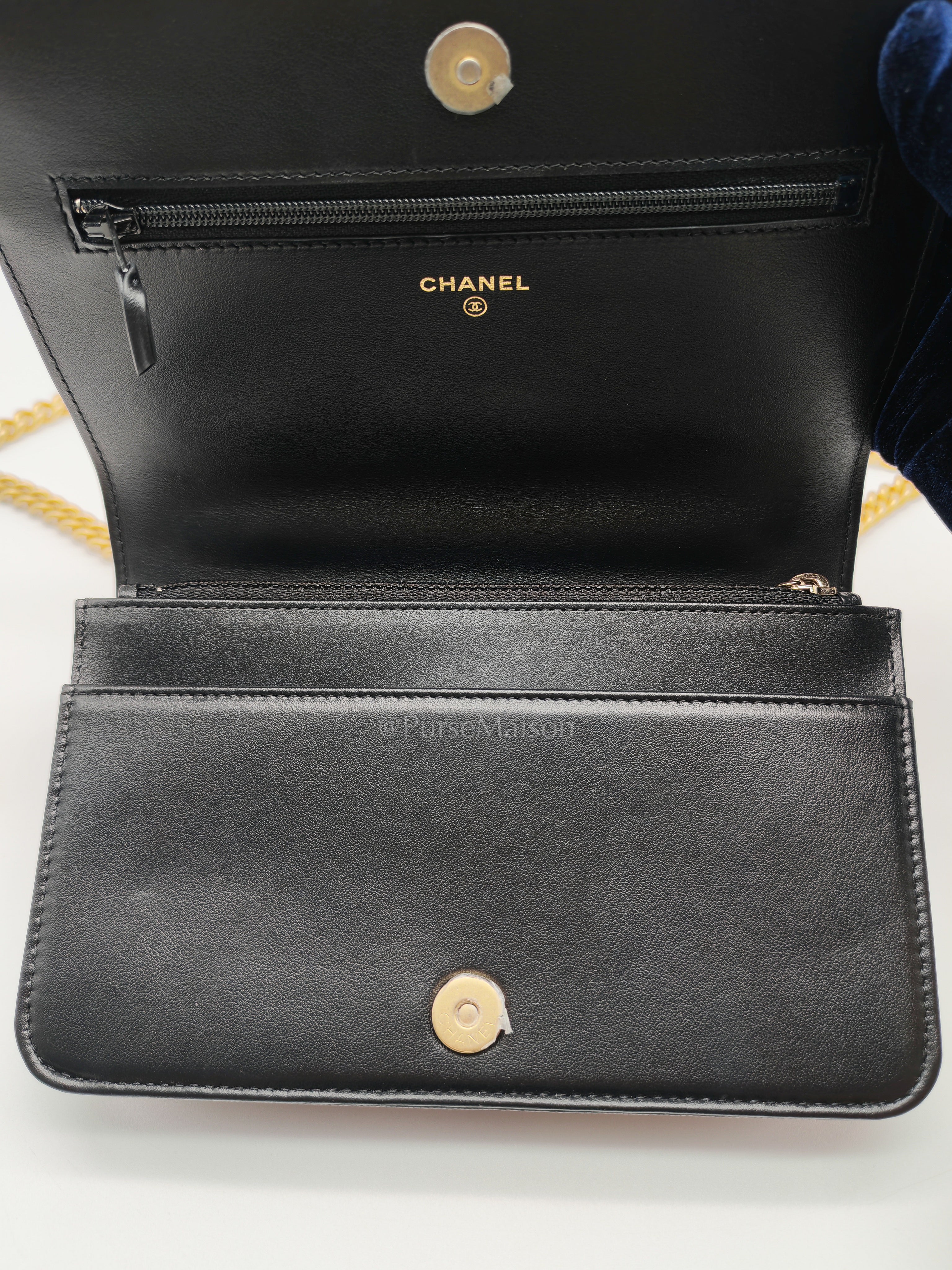 Boy Wallet On Chain (WOC) with Top Handle in Black Caviar Leather and Aged Gold Hardware (Microchip) | Purse Maison Luxury Bags Shop
