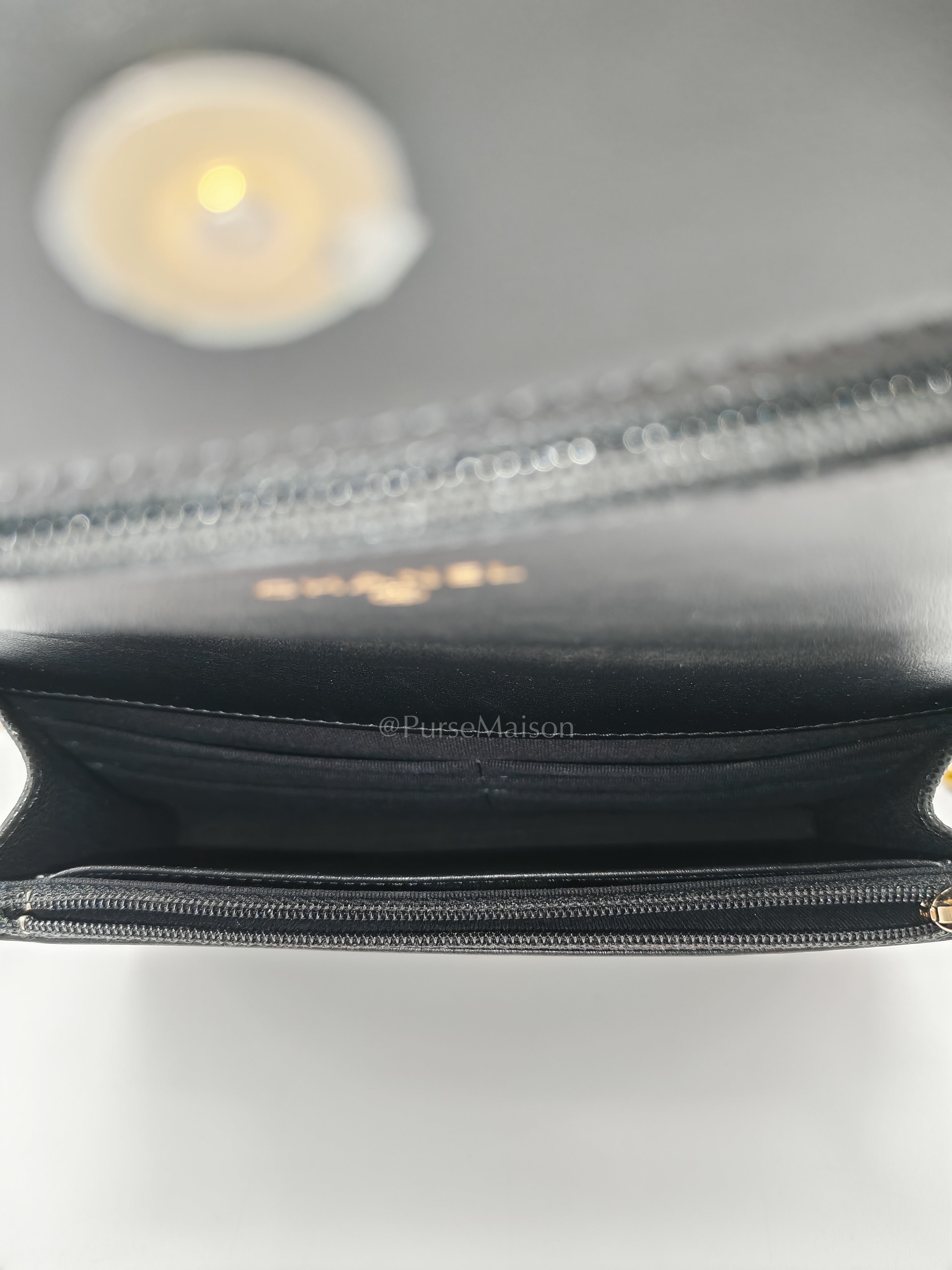 Boy Wallet On Chain (WOC) with Top Handle in Black Caviar Leather and Aged Gold Hardware (Microchip) | Purse Maison Luxury Bags Shop