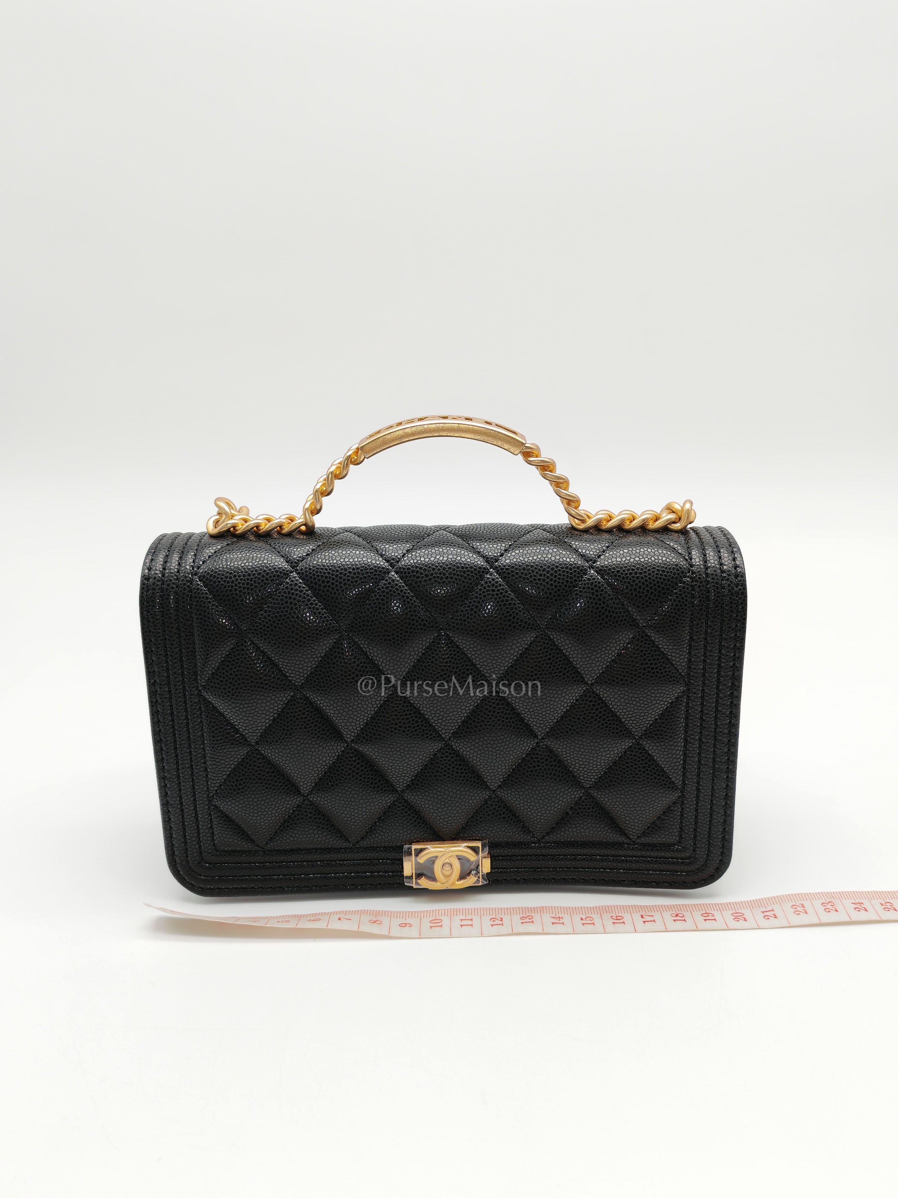 Boy Wallet On Chain (WOC) with Top Handle in Black Caviar Leather and Aged Gold Hardware (Microchip) | Purse Maison Luxury Bags Shop
