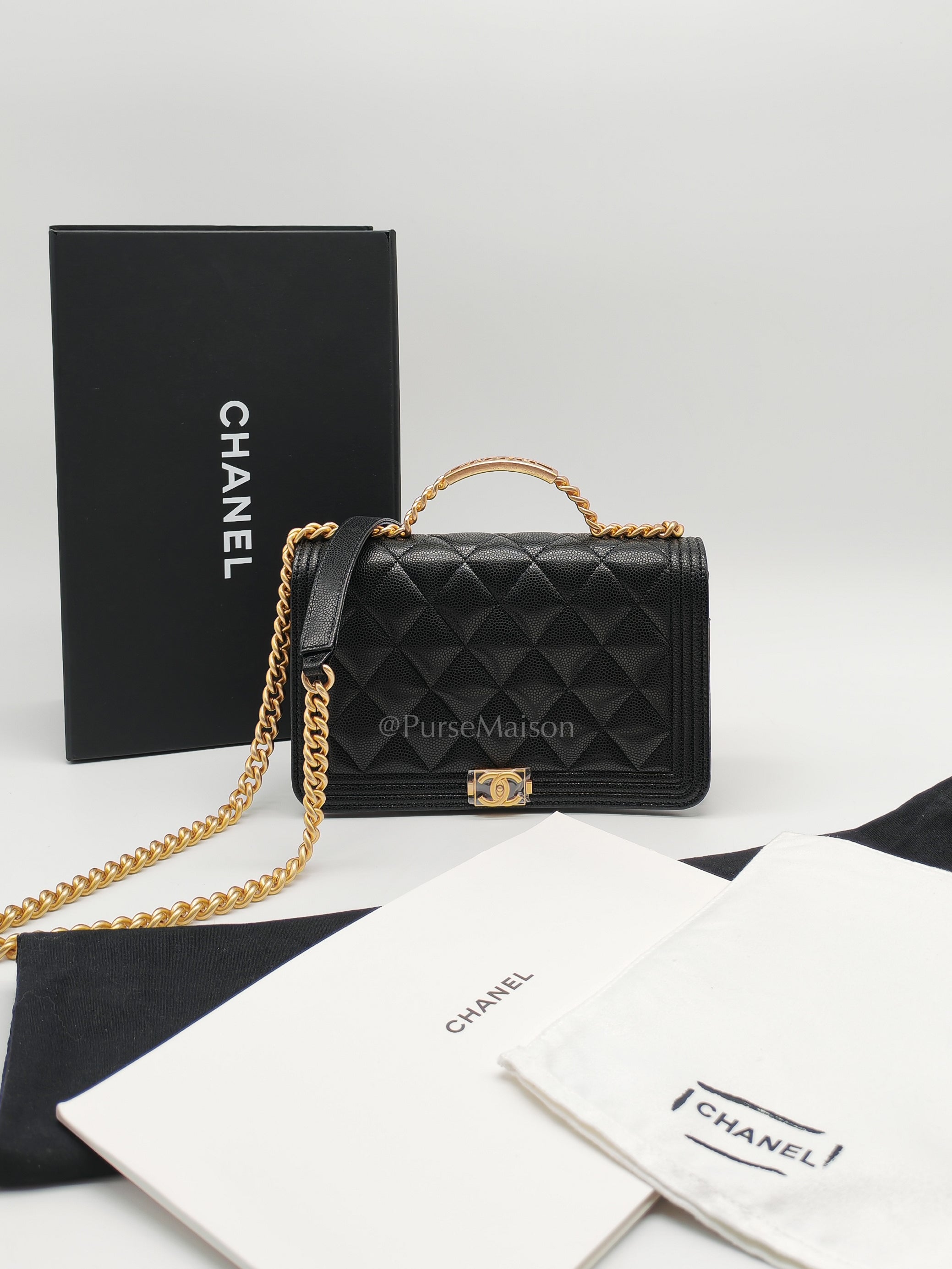 Boy Wallet On Chain (WOC) with Top Handle in Black Caviar Leather and Aged Gold Hardware (Microchip) | Purse Maison Luxury Bags Shop