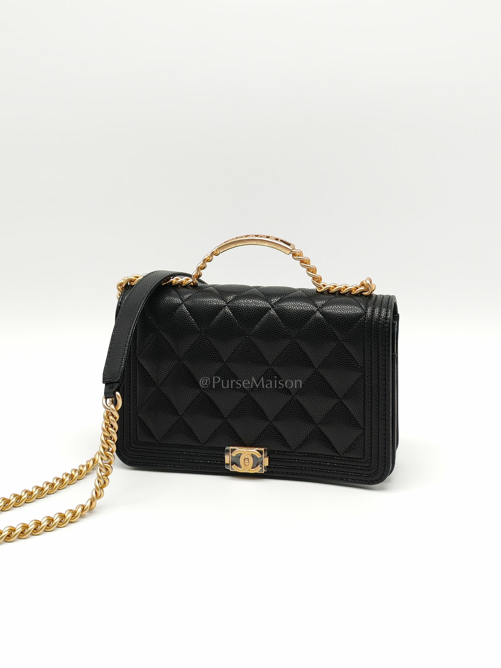 Boy Wallet On Chain (WOC) with Top Handle in Black Caviar Leather and Aged Gold Hardware (Microchip) | Purse Maison Luxury Bags Shop