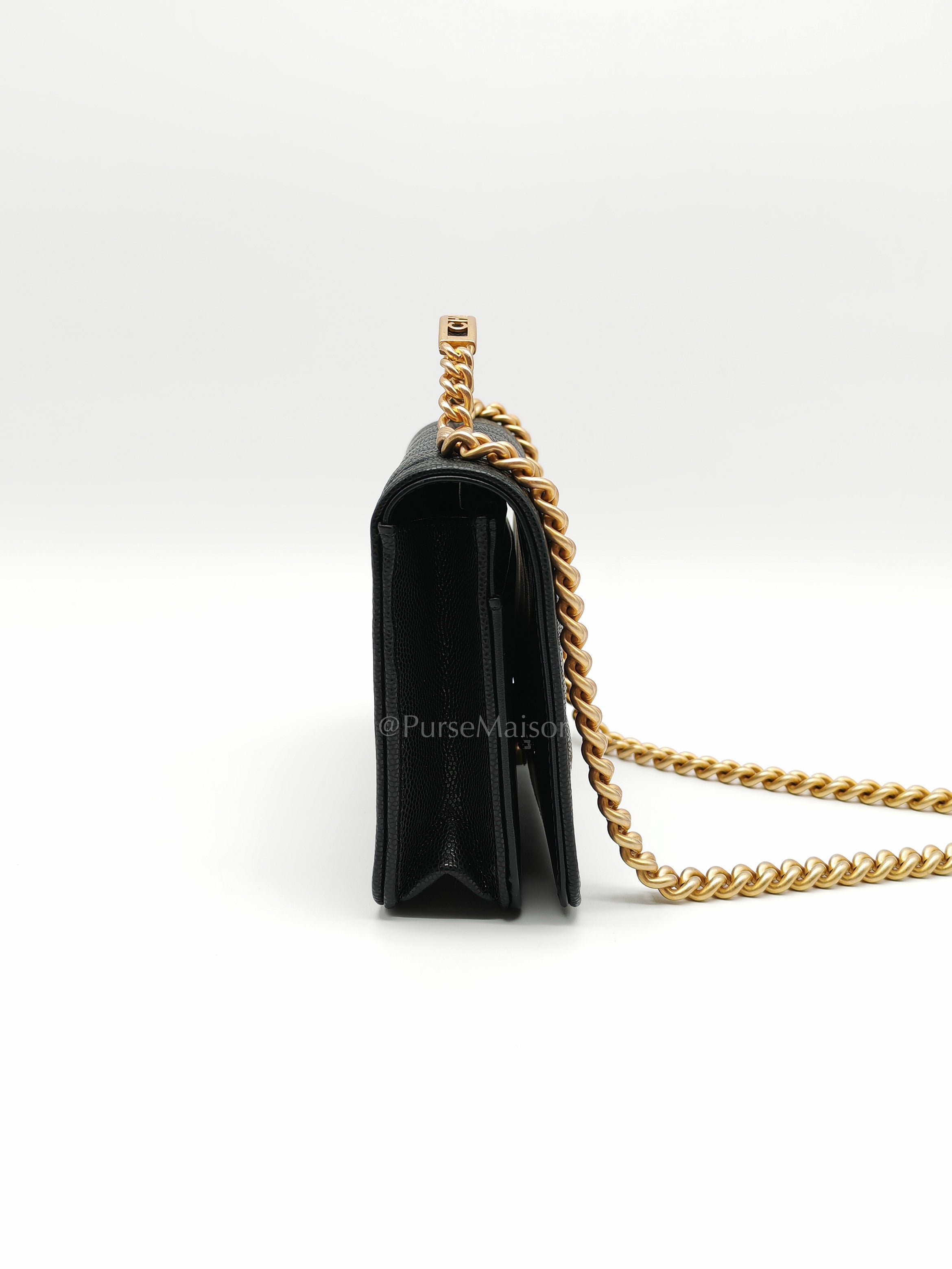 Boy Wallet On Chain (WOC) with Top Handle in Black Caviar Leather and Aged Gold Hardware (Microchip) | Purse Maison Luxury Bags Shop
