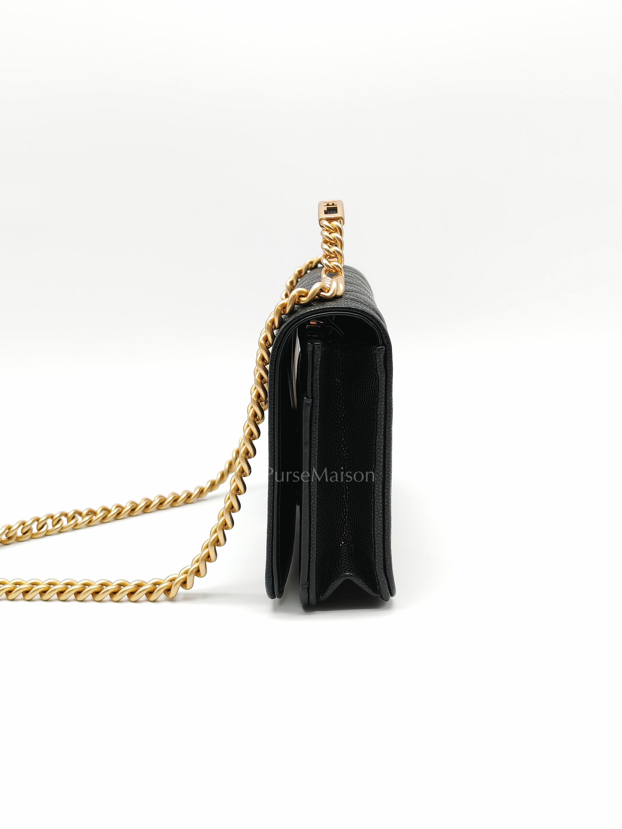 Boy Wallet On Chain (WOC) with Top Handle in Black Caviar Leather and Aged Gold Hardware (Microchip) | Purse Maison Luxury Bags Shop