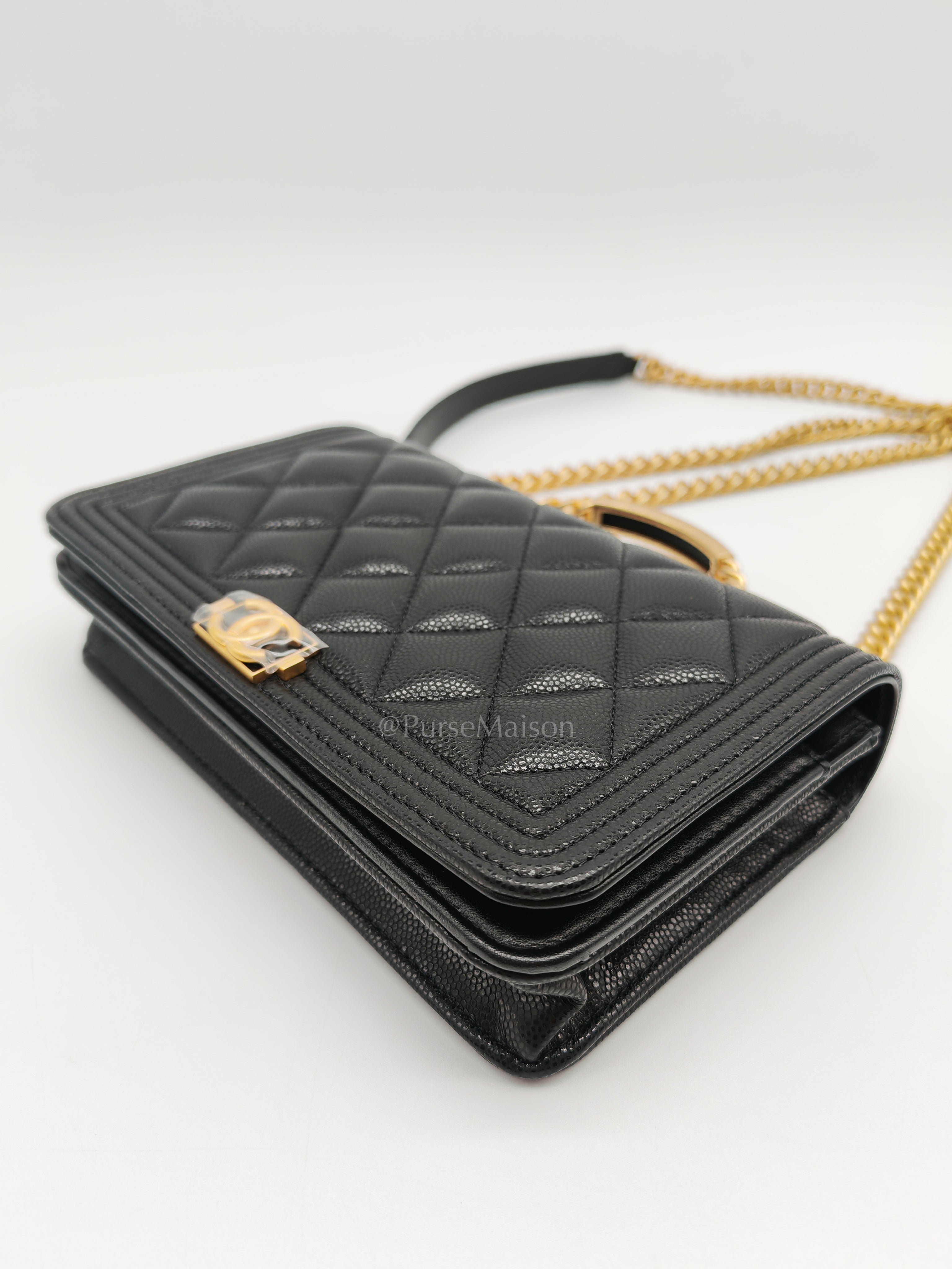 Boy Wallet On Chain (WOC) with Top Handle in Black Caviar Leather and Aged Gold Hardware (Microchip) | Purse Maison Luxury Bags Shop