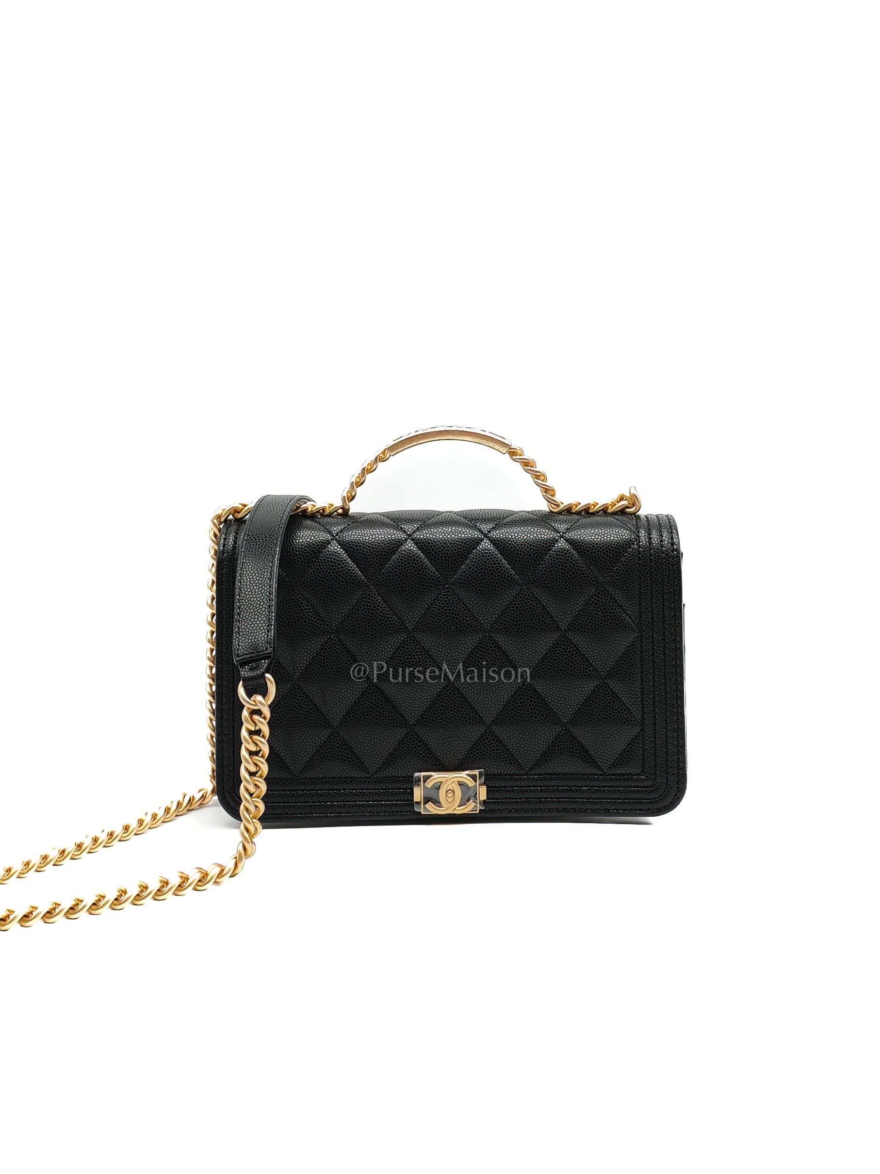 Boy Wallet On Chain (WOC) with Top Handle in Black Caviar Leather and Aged Gold Hardware (Microchip) | Purse Maison Luxury Bags Shop