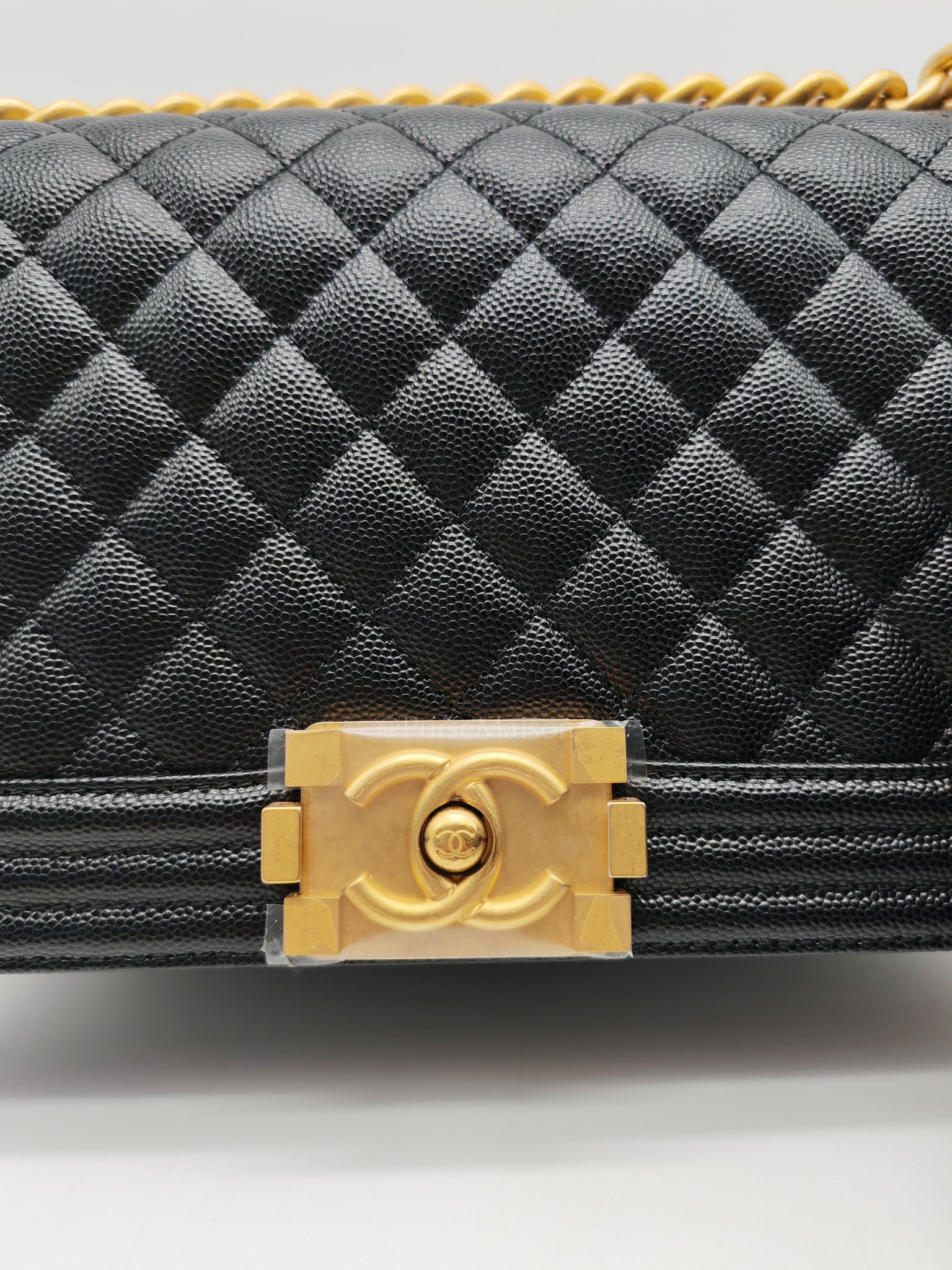 Boy Old Medium in Black Quilted Caviar Leather & Gold Hardware Microchip