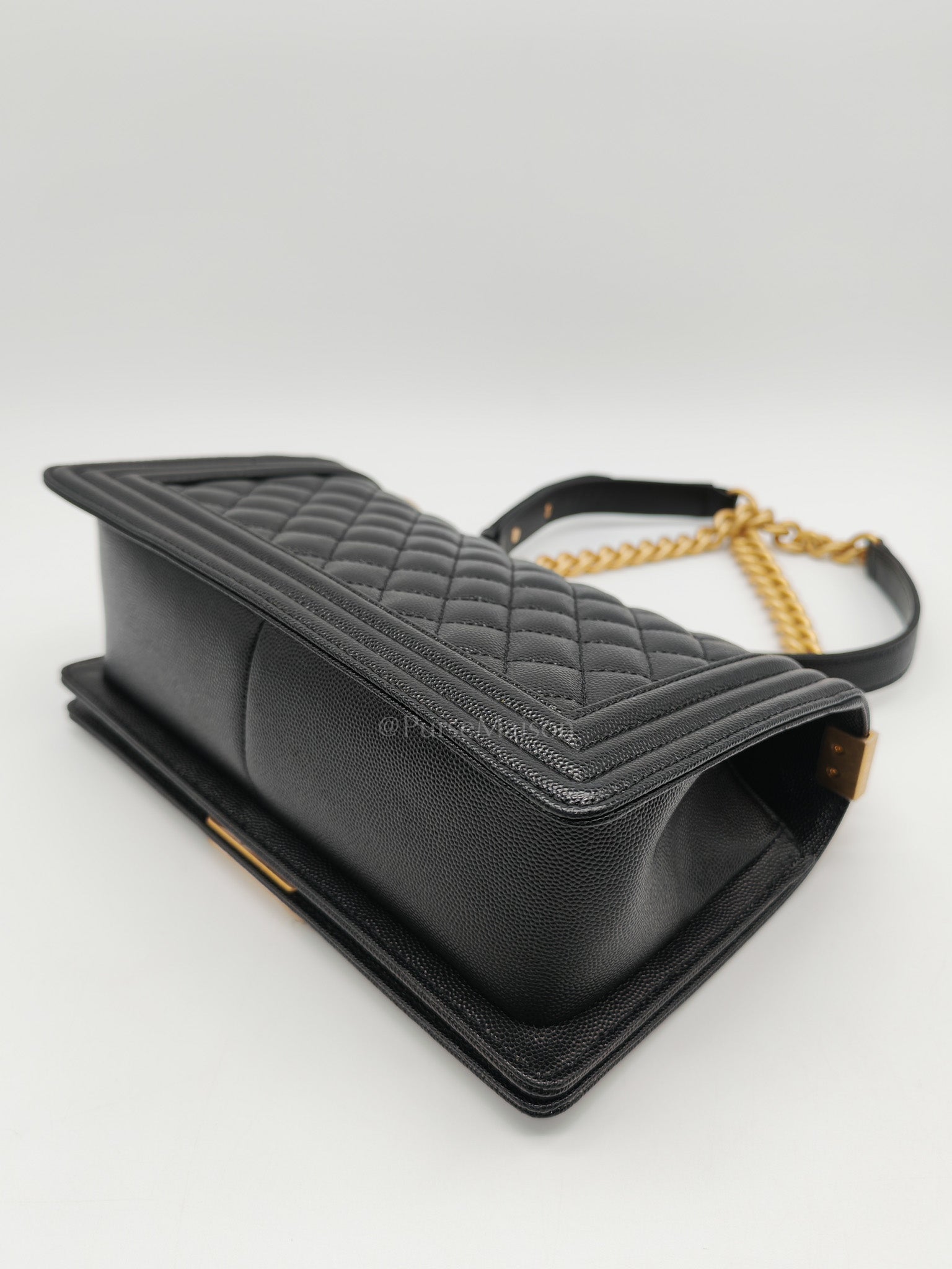 Boy Old Medium in Black Quilted Caviar Leather & Gold Hardware Microchip