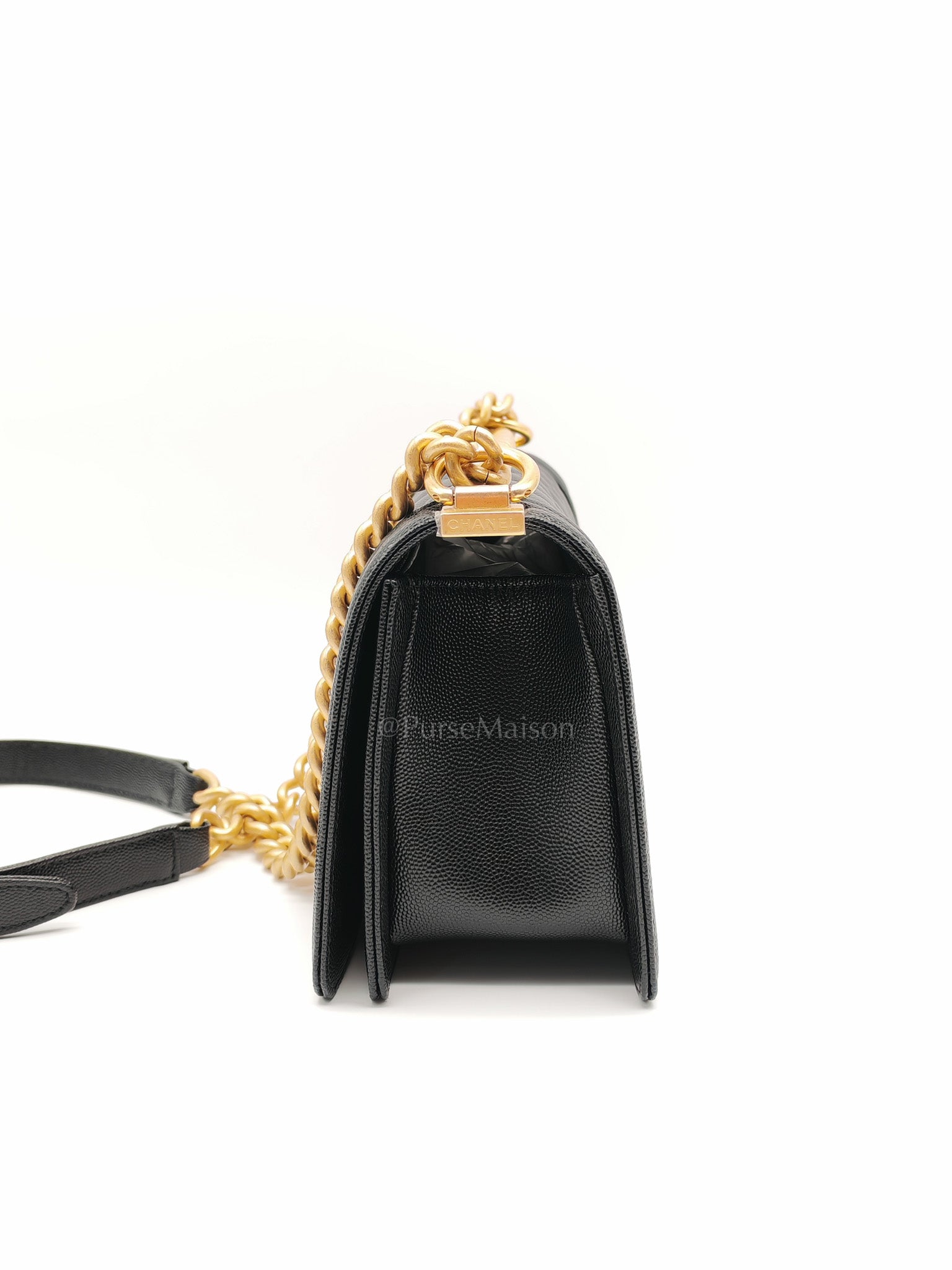 Boy Old Medium in Black Quilted Caviar Leather & Gold Hardware Microchip