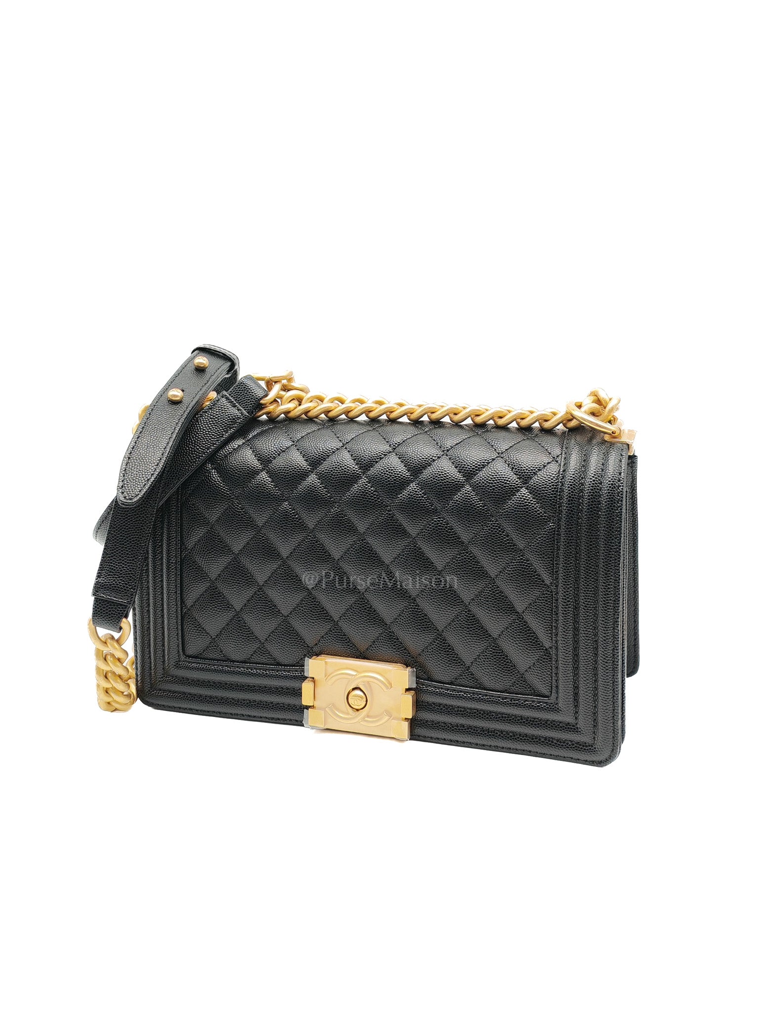 Boy Old Medium in Black Quilted Caviar Leather & Gold Hardware Microchip