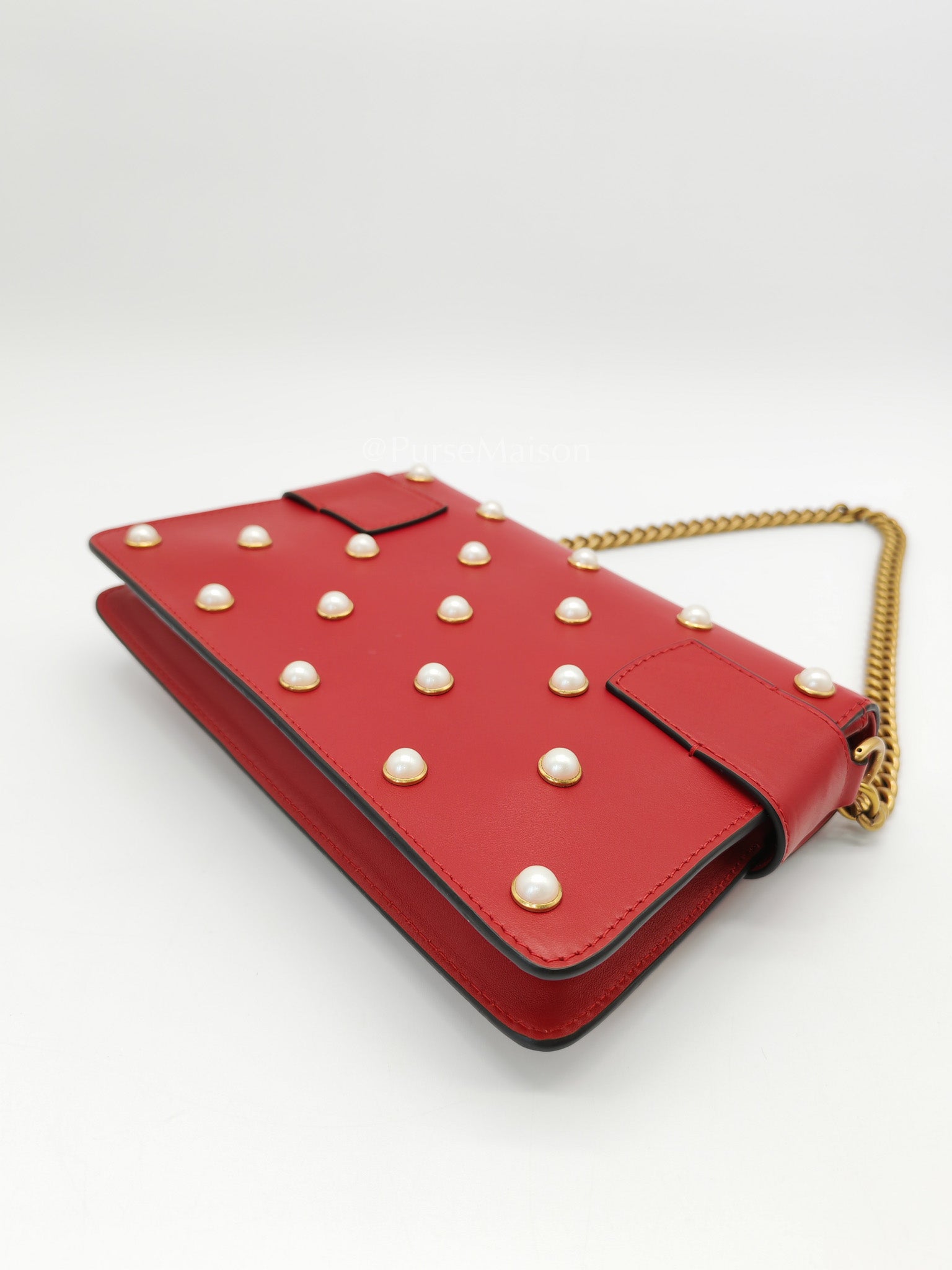 Broadway Pearl Studded Shoulder Bag in Red Prominent Crystal-Embellished Bee | Purse Maison Luxury Bags Shop