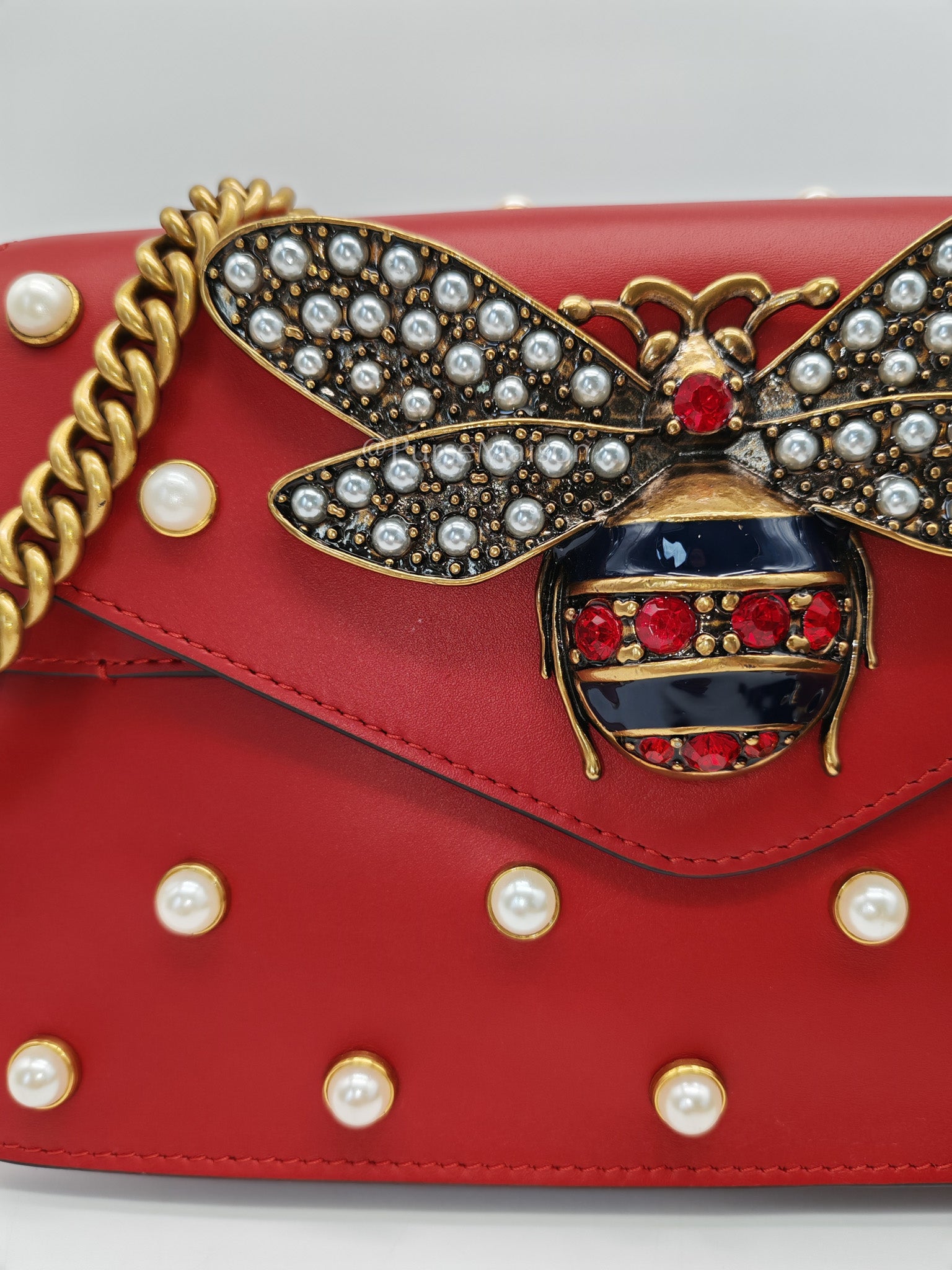 Broadway Pearl Studded Shoulder Bag in Red Prominent Crystal-Embellished Bee | Purse Maison Luxury Bags Shop