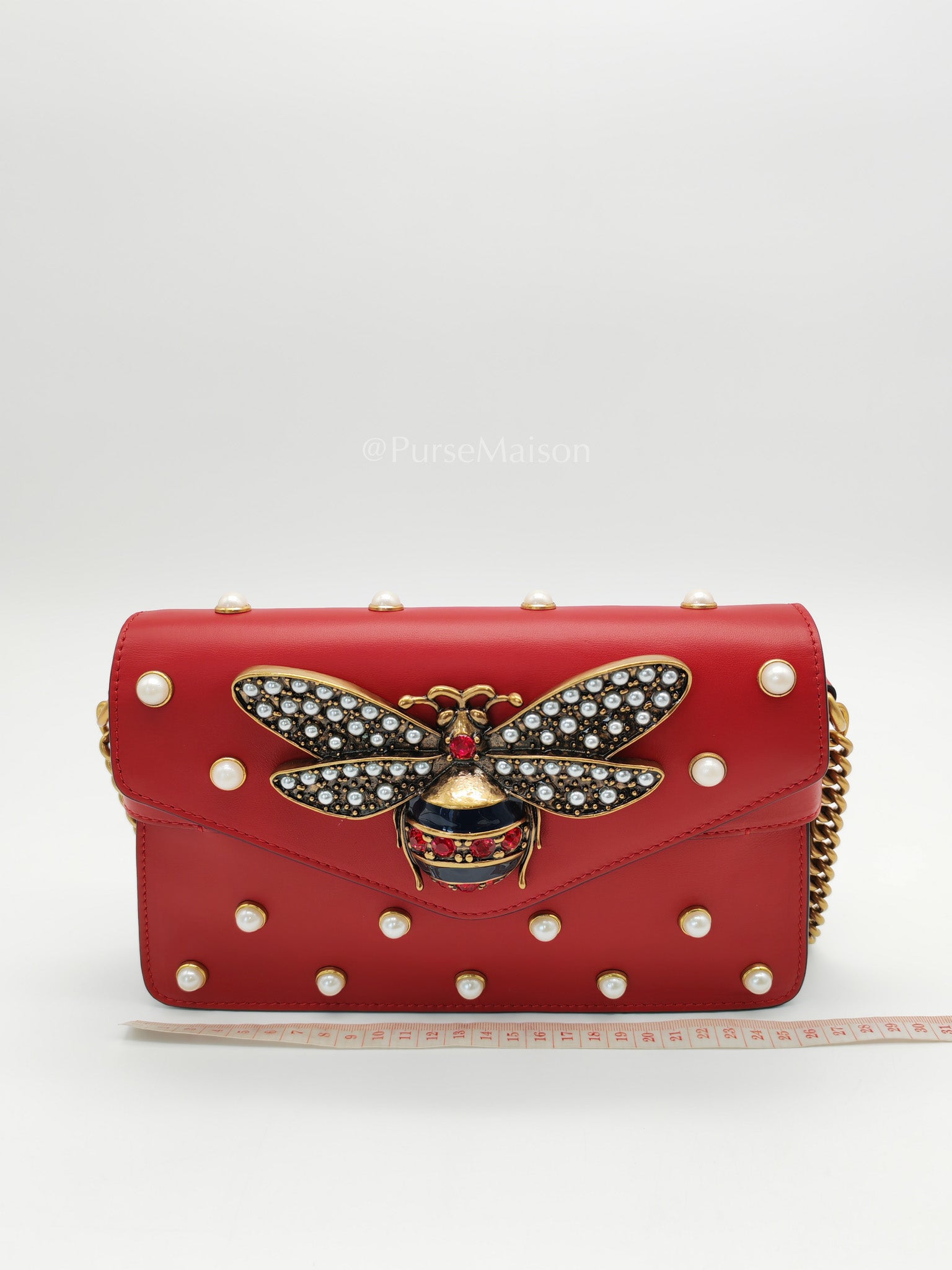 Broadway Pearl Studded Shoulder Bag in Red Prominent Crystal-Embellished Bee | Purse Maison Luxury Bags Shop