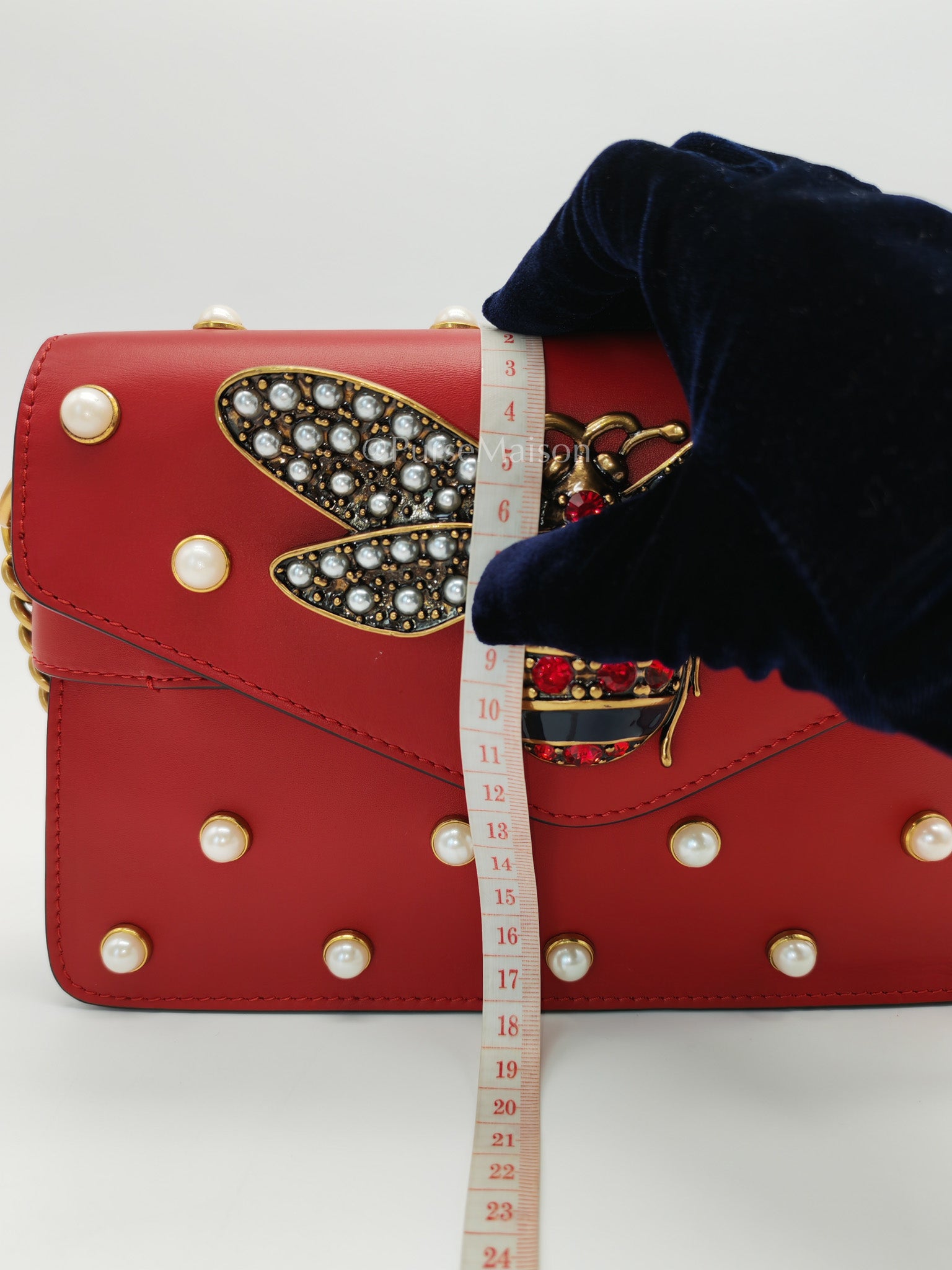 Broadway Pearl Studded Shoulder Bag in Red Prominent Crystal-Embellished Bee | Purse Maison Luxury Bags Shop