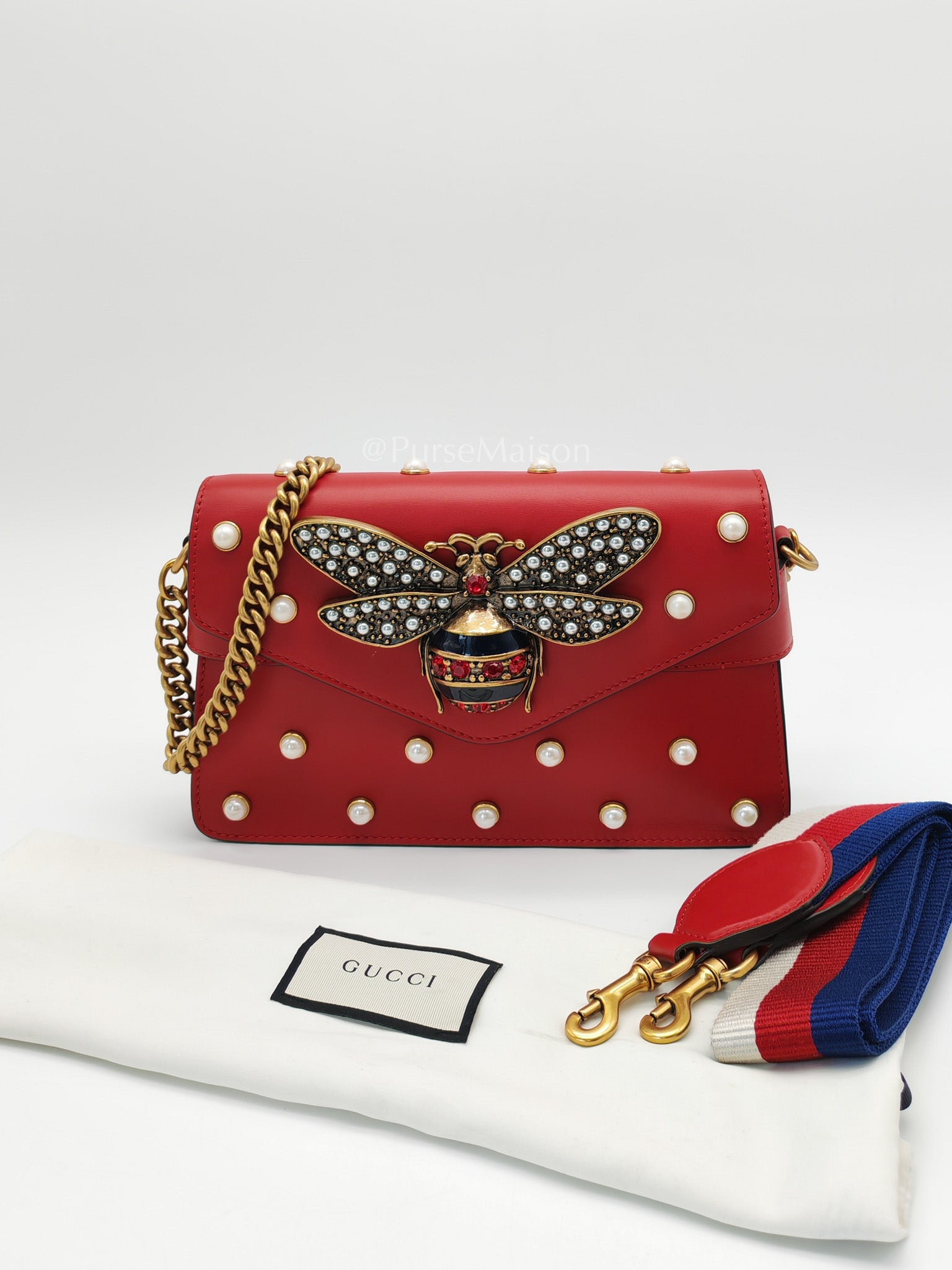 Broadway Pearl Studded Shoulder Bag in Red Prominent Crystal-Embellished Bee | Purse Maison Luxury Bags Shop