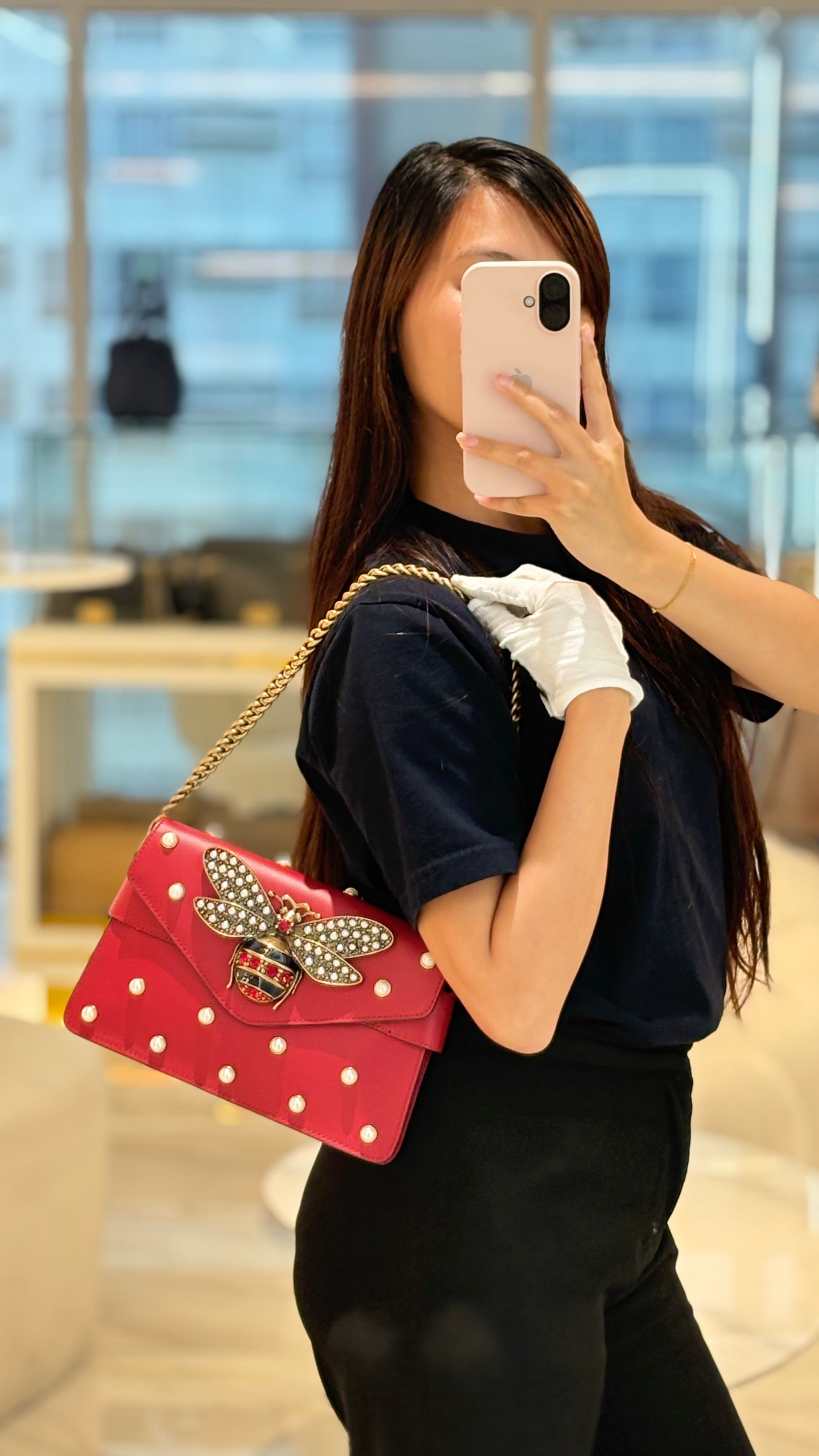 Broadway Pearl Studded Shoulder Bag in Red Prominent Crystal-Embellished Bee | Purse Maison Luxury Bags Shop