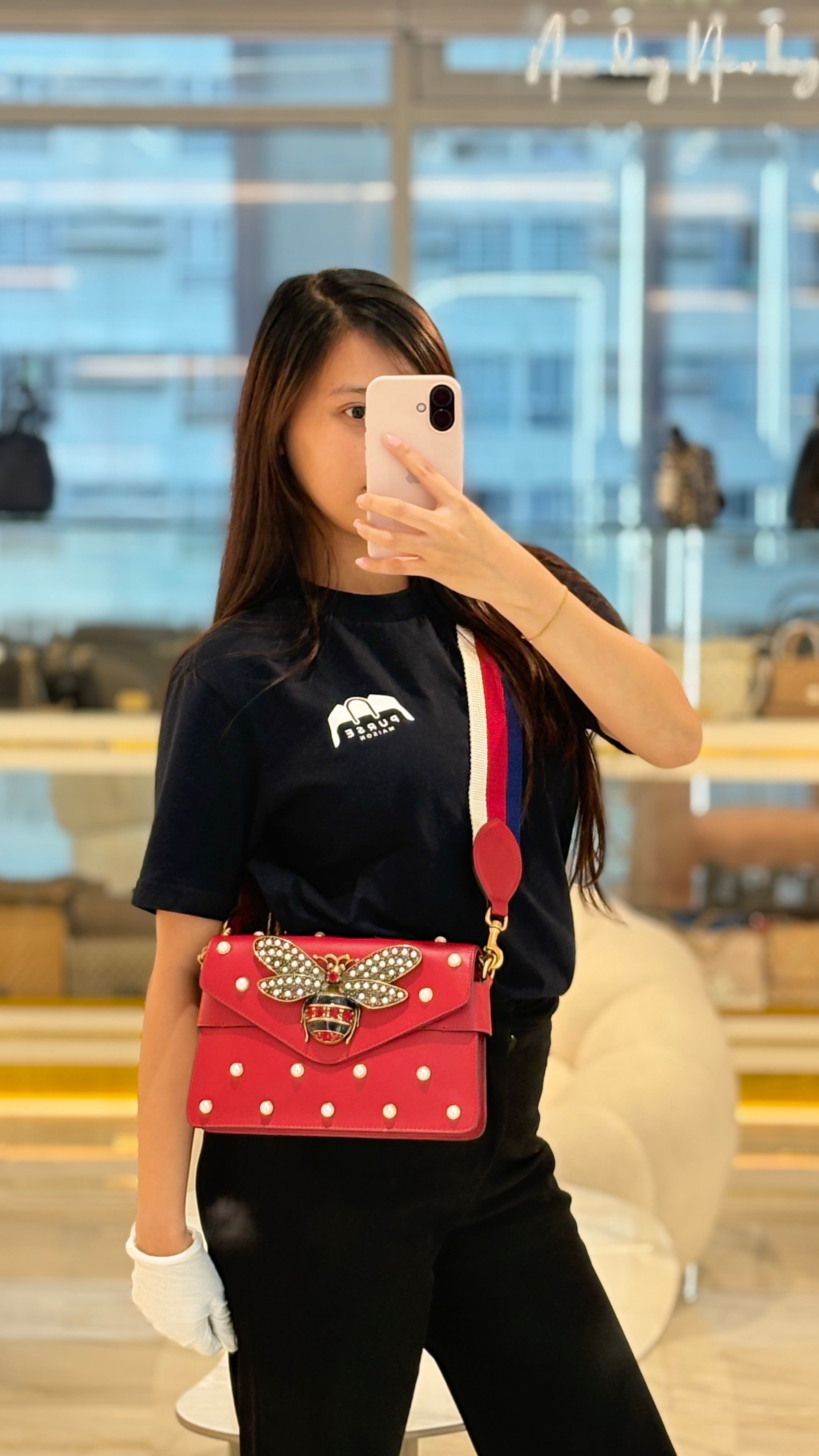Broadway Pearl Studded Shoulder Bag in Red Prominent Crystal-Embellished Bee | Purse Maison Luxury Bags Shop