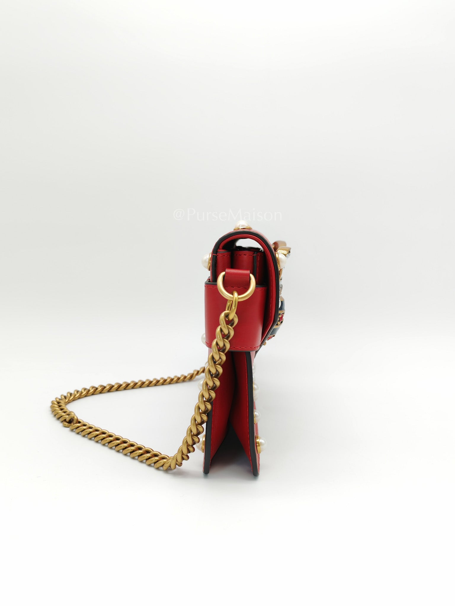 Broadway Pearl Studded Shoulder Bag in Red Prominent Crystal-Embellished Bee | Purse Maison Luxury Bags Shop