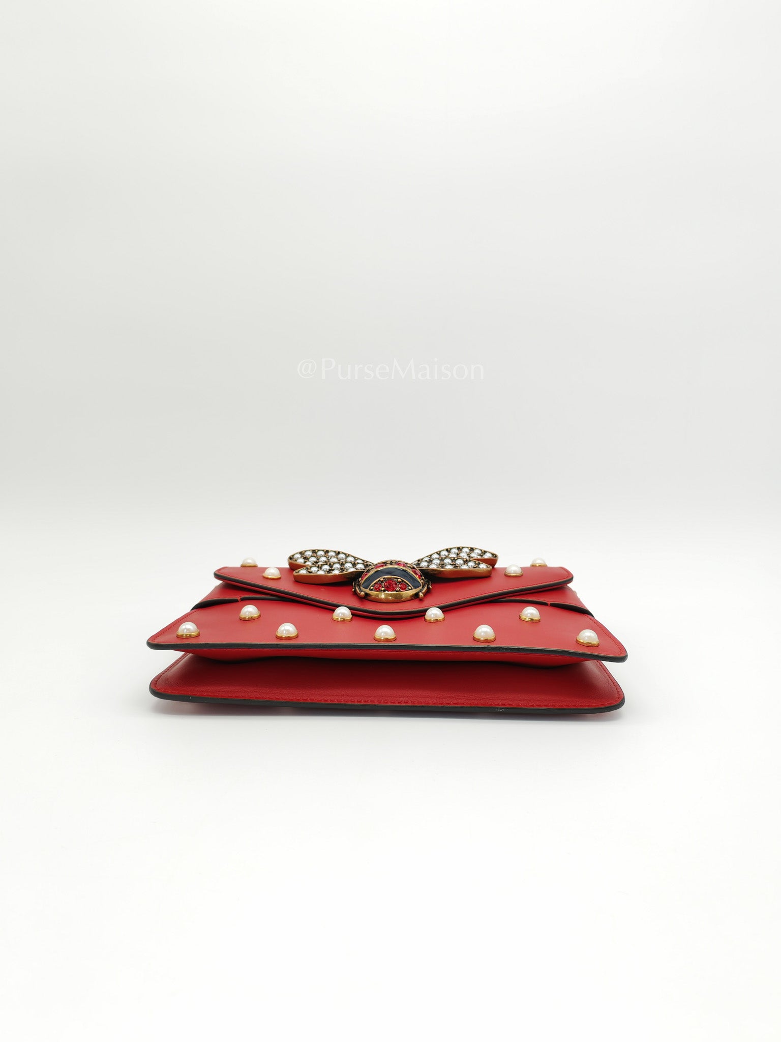 Broadway Pearl Studded Shoulder Bag in Red Prominent Crystal-Embellished Bee | Purse Maison Luxury Bags Shop