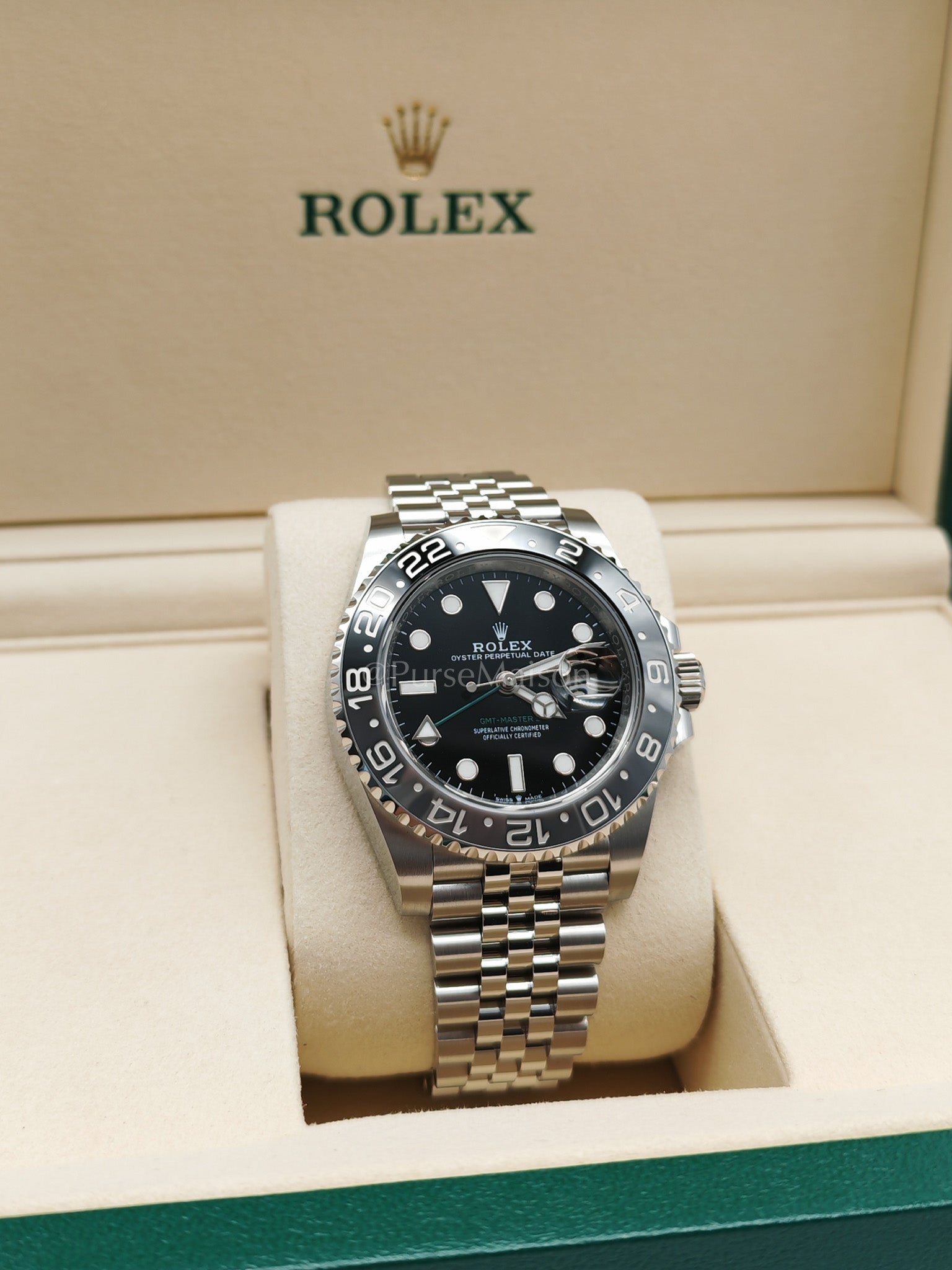 "Bruce Wayne" 40mm GMT-Master II Black Dial Oyster Perpetual Date Jubilee Silver Stainless Steel Strap Year 2025 (Reference Number: 126710GRNR) | Purse Maison Luxury Bags Shop