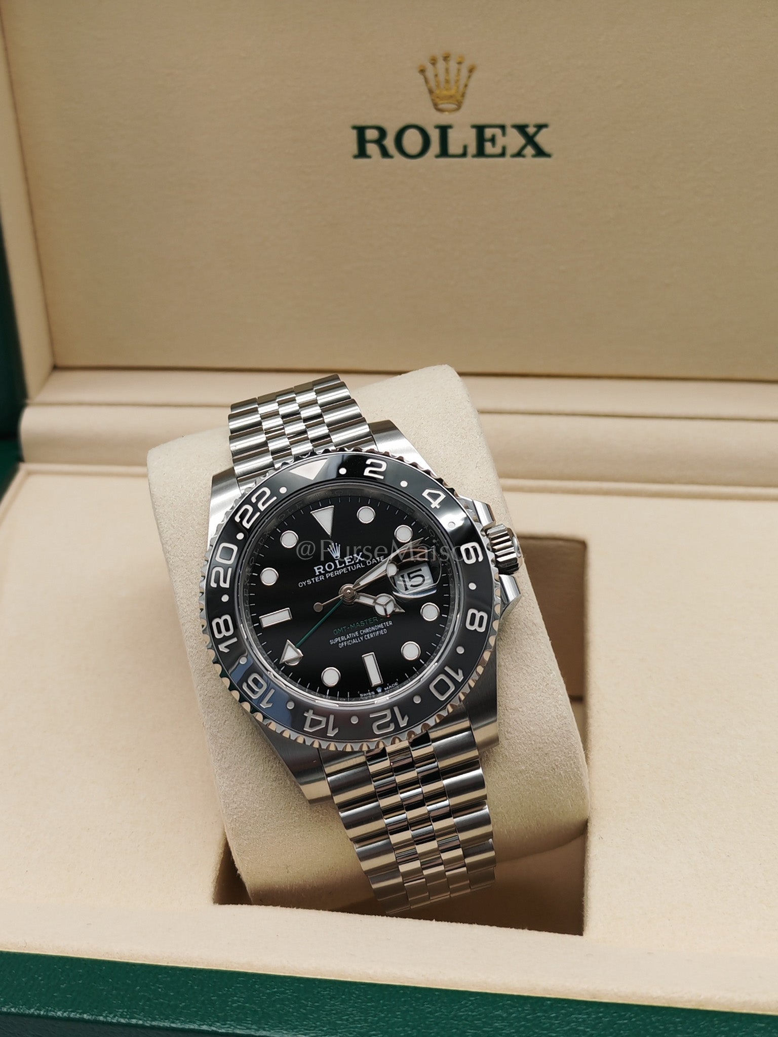 "Bruce Wayne" 40mm GMT-Master II Black Dial Oyster Perpetual Date Jubilee Silver Stainless Steel Strap Year 2025 (Reference Number: 126710GRNR) | Purse Maison Luxury Bags Shop