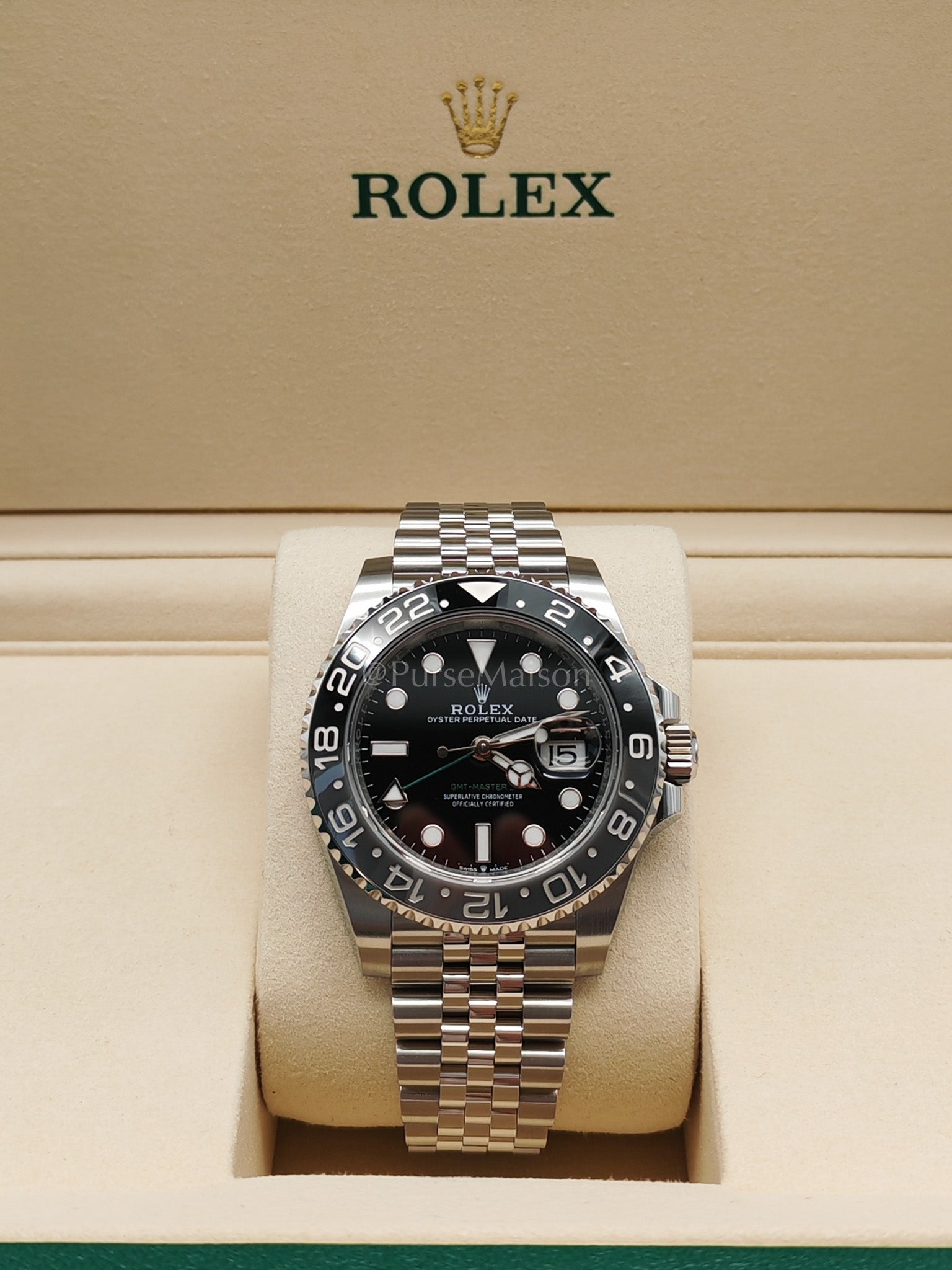 "Bruce Wayne" 40mm GMT-Master II Black Dial Oyster Perpetual Date Jubilee Silver Stainless Steel Strap Year 2025 (Reference Number: 126710GRNR) | Purse Maison Luxury Bags Shop