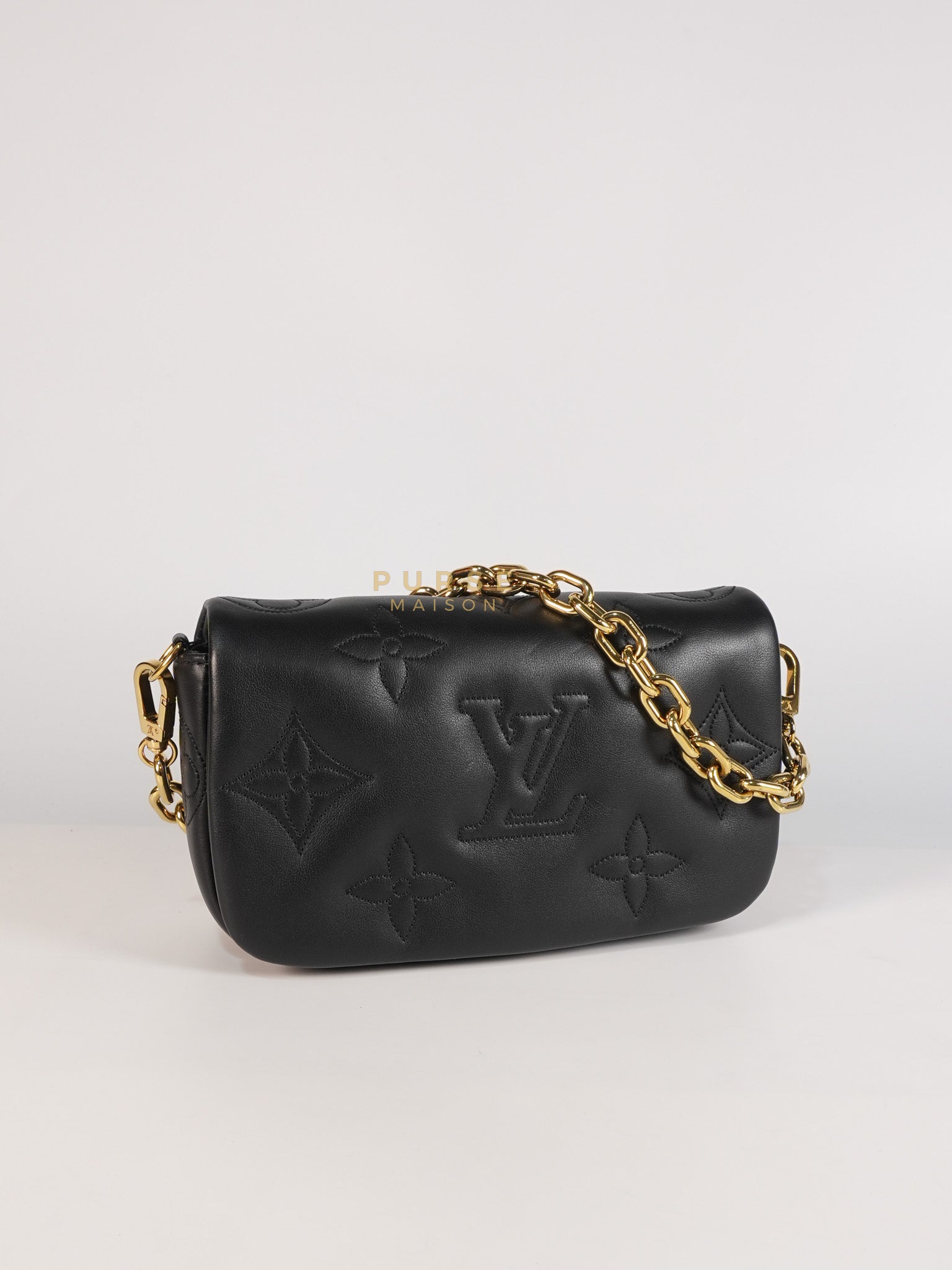 Bubble Gram Wallet on Strap 2Way Bag in Black Lambskin Leather & Gold Hardware | Purse Maison Luxury Bags Shop