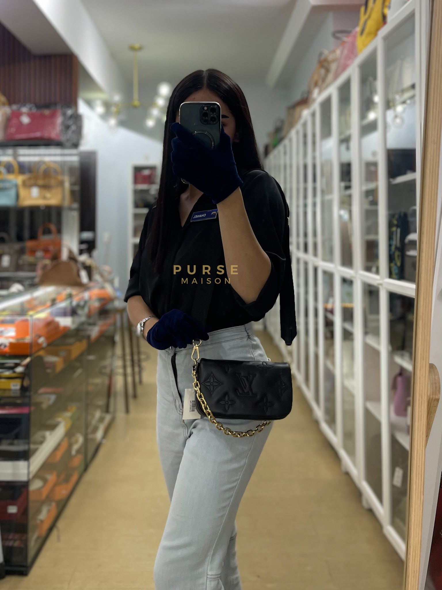 Bubble Gram Wallet on Strap 2Way Bag in Black Lambskin Leather & Gold Hardware | Purse Maison Luxury Bags Shop