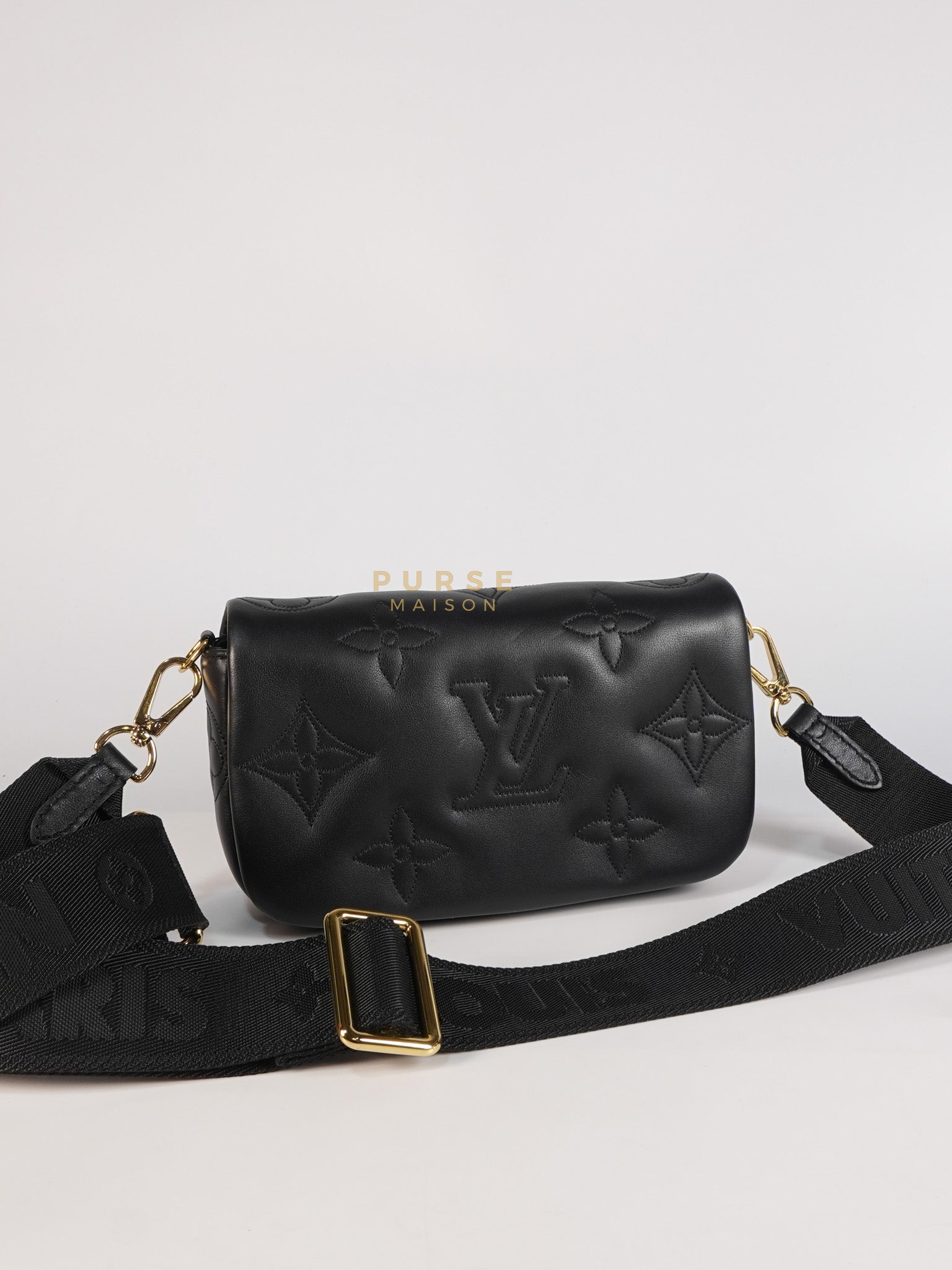 Bubble Gram Wallet on Strap 2Way Bag in Black Lambskin Leather & Gold Hardware | Purse Maison Luxury Bags Shop