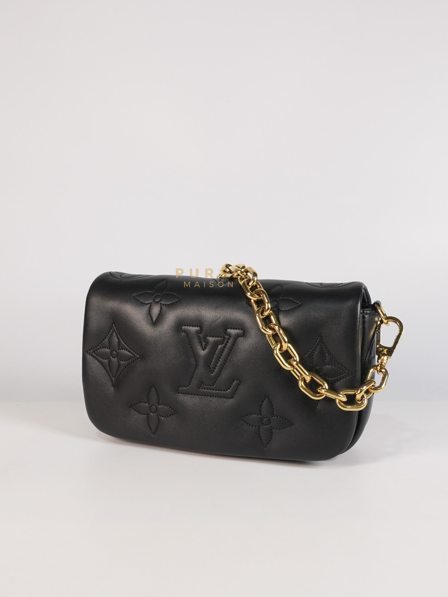 Bubble Gram Wallet on Strap 2Way Bag in Black Lambskin Leather & Gold Hardware | Purse Maison Luxury Bags Shop