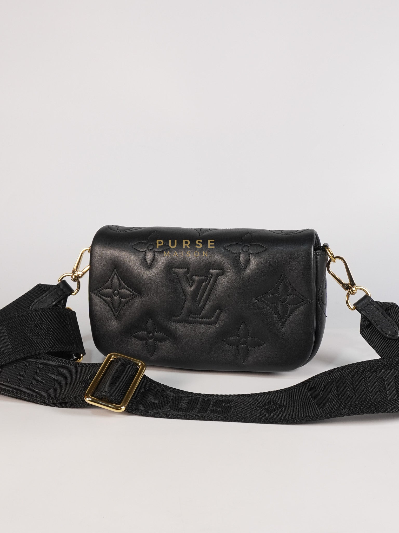 Bubble Gram Wallet on Strap 2Way Bag in Black Lambskin Leather & Gold Hardware | Purse Maison Luxury Bags Shop