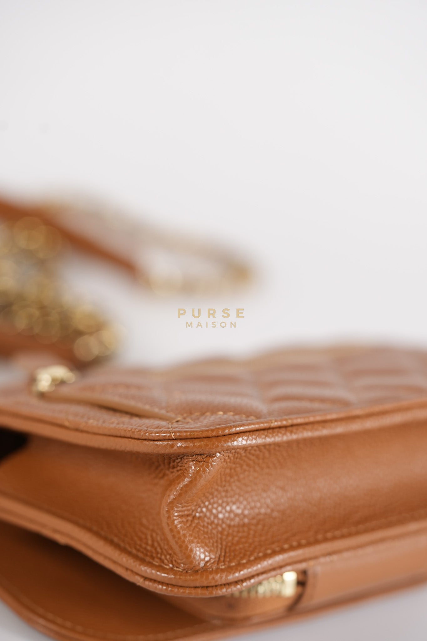 Business Affinity Wallet on Chain (WOC) In Caramel Caviar Leather and Light Gold Hardware (Microchip) | Purse Maison Luxury Bags Shop