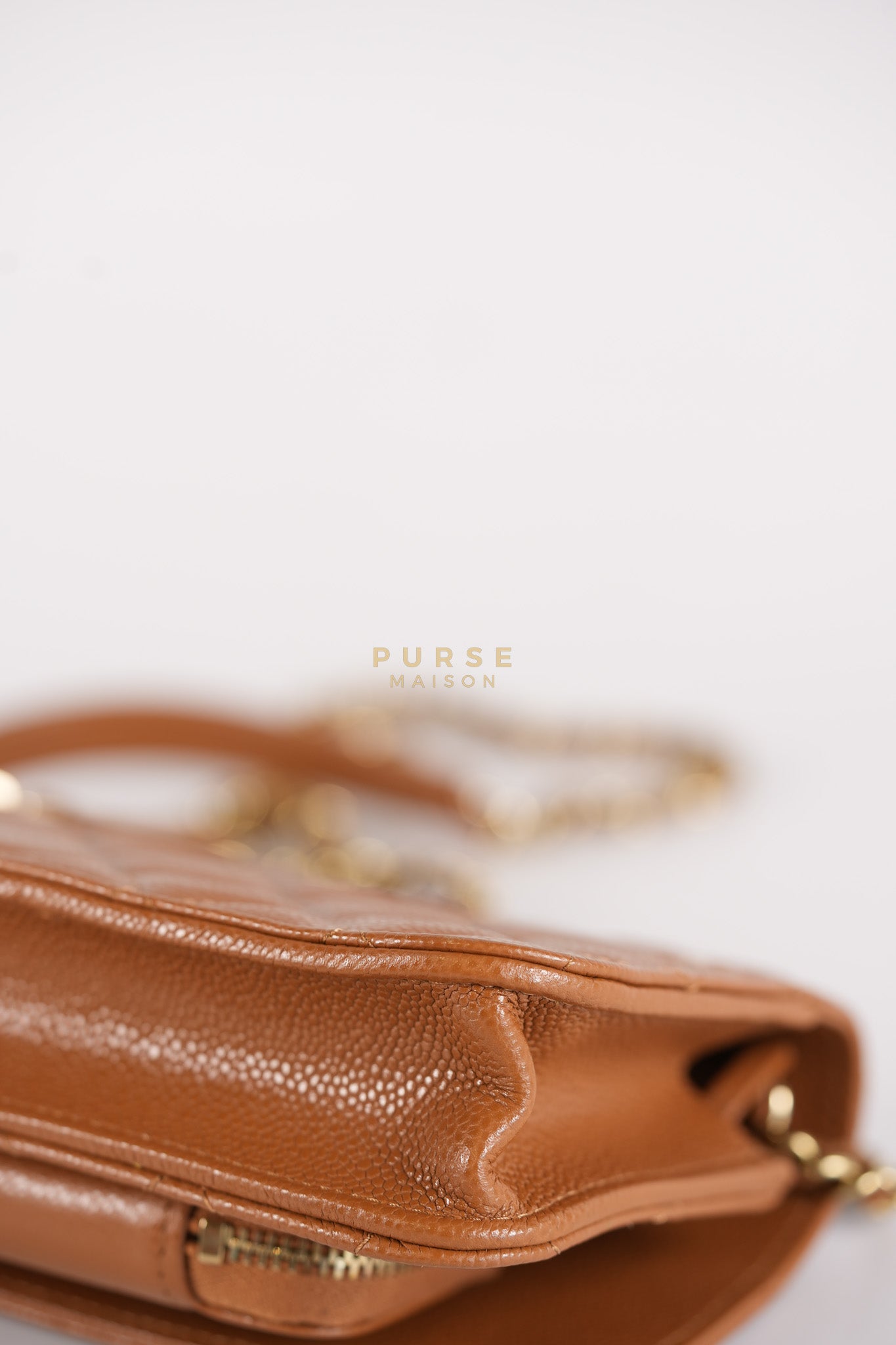 Business Affinity Wallet on Chain (WOC) In Caramel Caviar Leather and Light Gold Hardware (Microchip) | Purse Maison Luxury Bags Shop