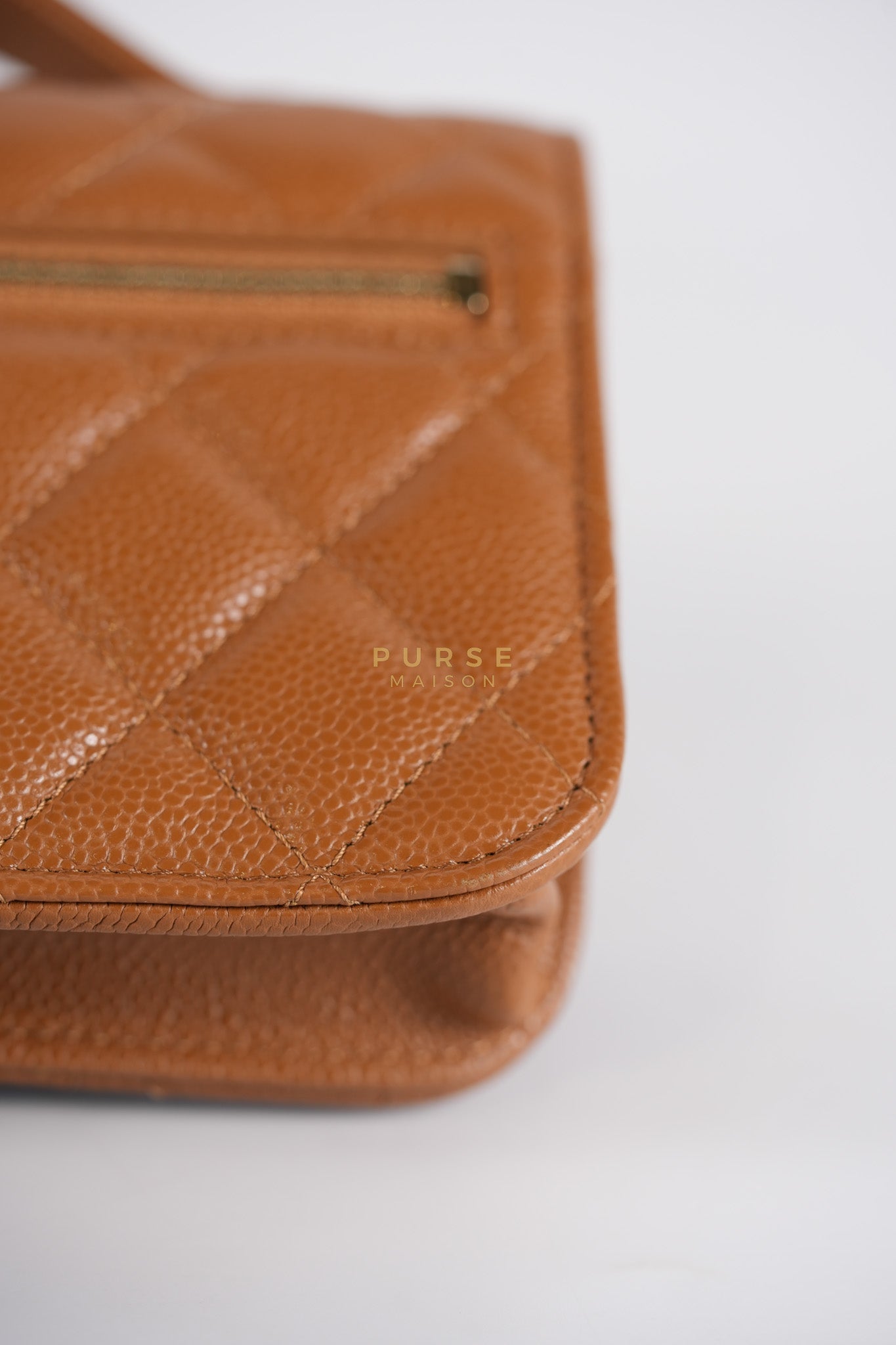 Business Affinity Wallet on Chain (WOC) In Caramel Caviar Leather and Light Gold Hardware (Microchip) | Purse Maison Luxury Bags Shop