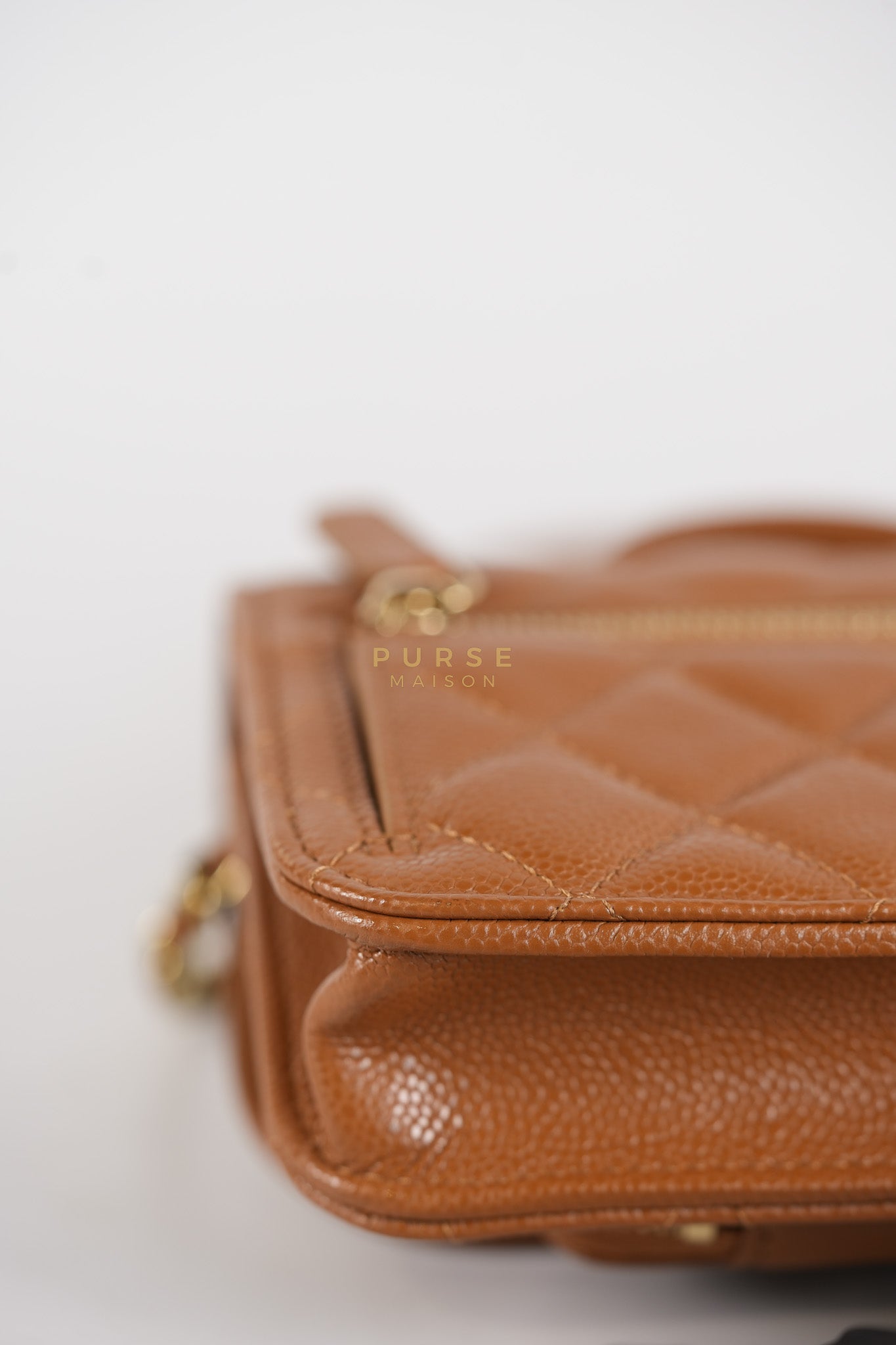 Business Affinity Wallet on Chain (WOC) In Caramel Caviar Leather and Light Gold Hardware (Microchip) | Purse Maison Luxury Bags Shop