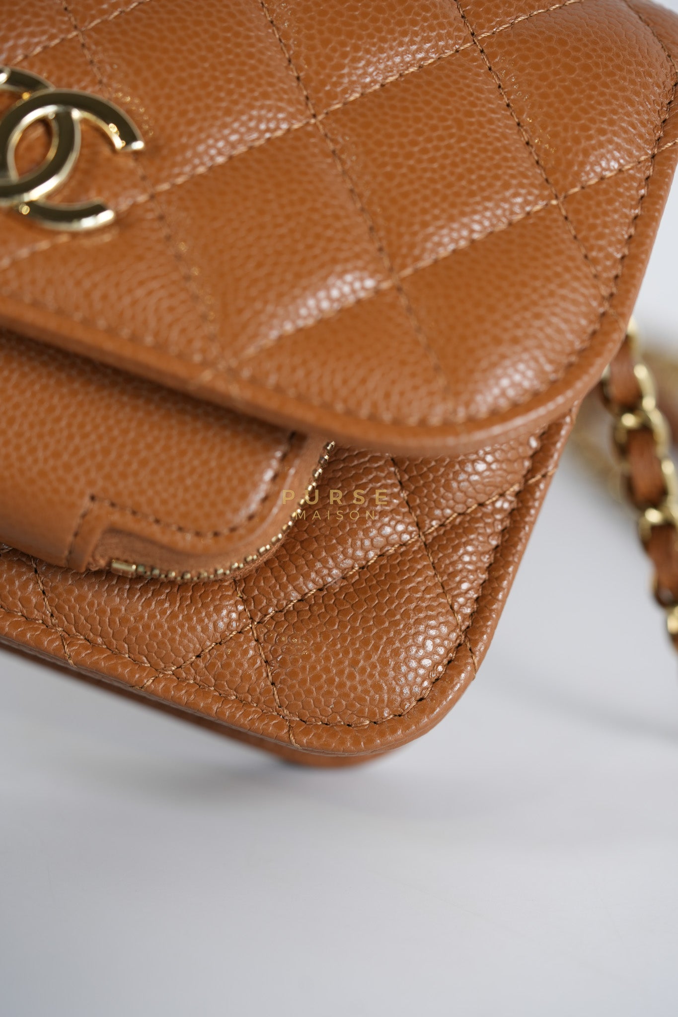 Business Affinity Wallet on Chain (WOC) In Caramel Caviar Leather and Light Gold Hardware (Microchip) | Purse Maison Luxury Bags Shop