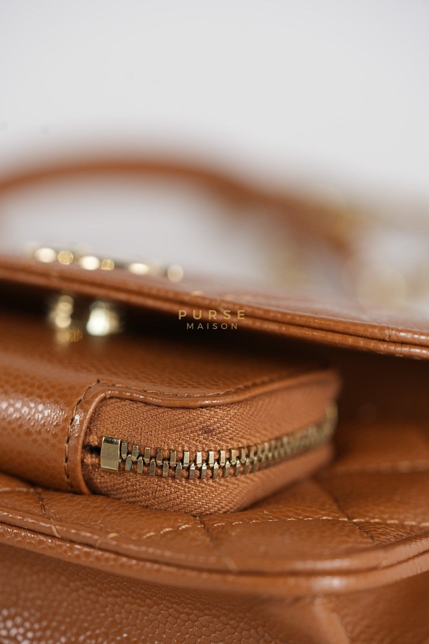 Business Affinity Wallet on Chain (WOC) In Caramel Caviar Leather and Light Gold Hardware (Microchip) | Purse Maison Luxury Bags Shop