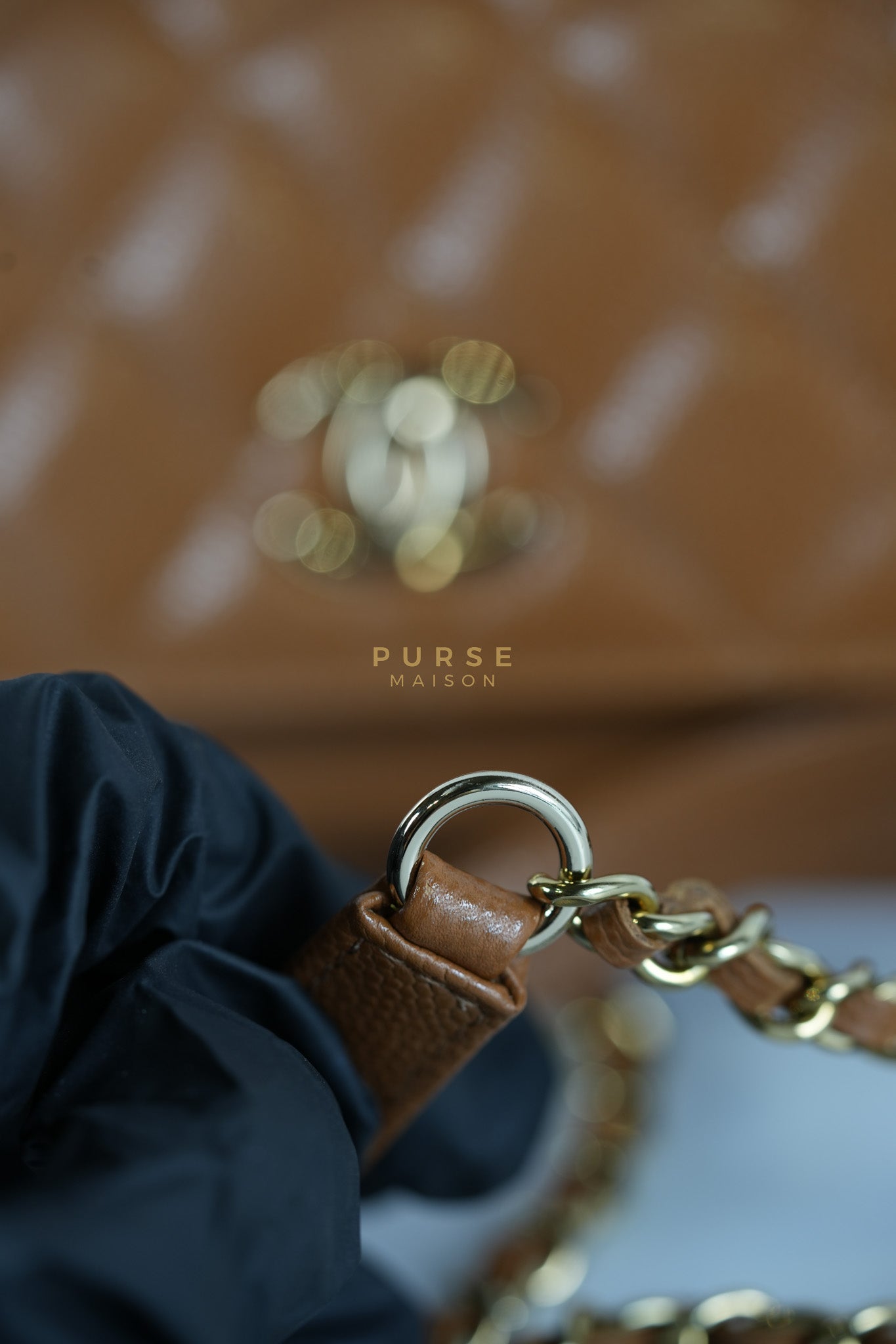 Business Affinity Wallet on Chain (WOC) In Caramel Caviar Leather and Light Gold Hardware (Microchip) | Purse Maison Luxury Bags Shop