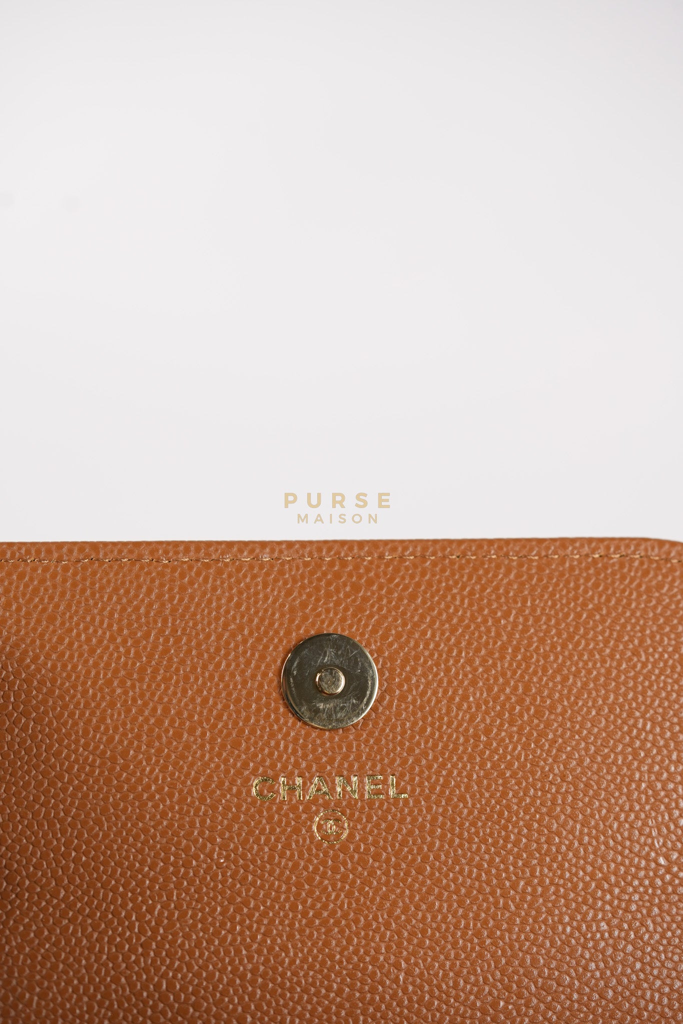 Business Affinity Wallet on Chain (WOC) In Caramel Caviar Leather and Light Gold Hardware (Microchip) | Purse Maison Luxury Bags Shop