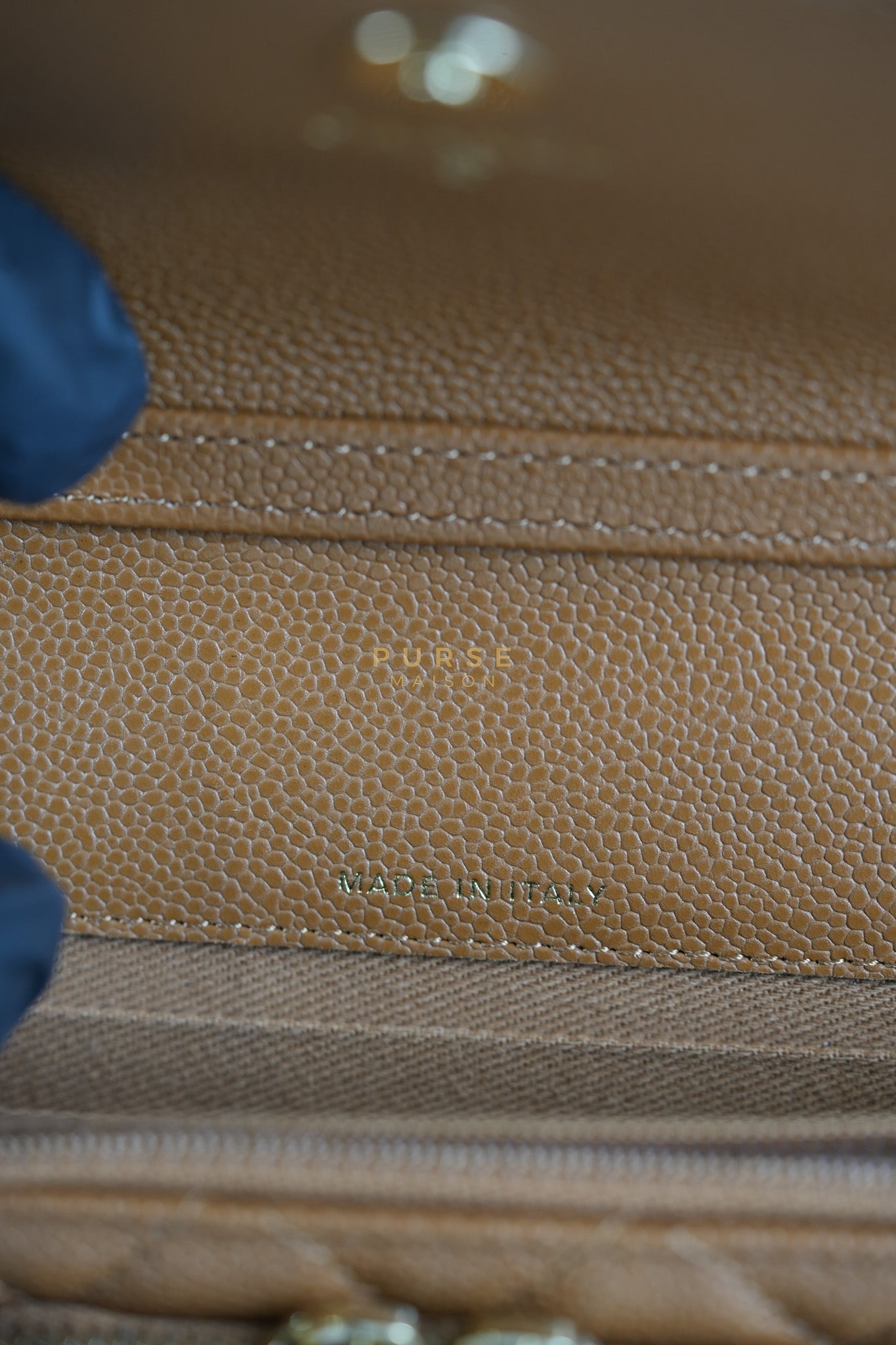 Business Affinity Wallet on Chain (WOC) In Caramel Caviar Leather and Light Gold Hardware (Microchip) | Purse Maison Luxury Bags Shop