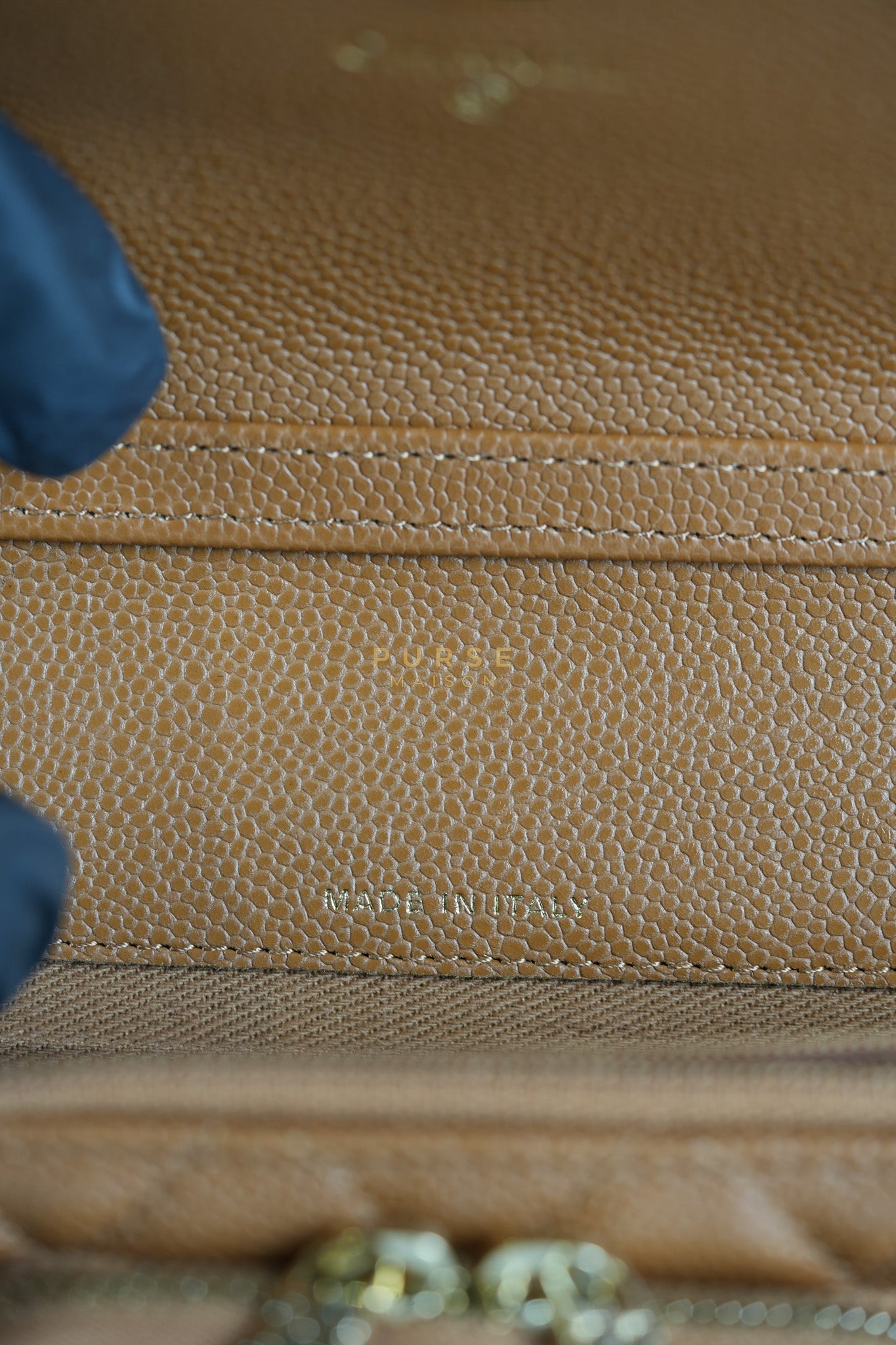 Business Affinity Wallet on Chain (WOC) In Caramel Caviar Leather and Light Gold Hardware (Microchip) | Purse Maison Luxury Bags Shop